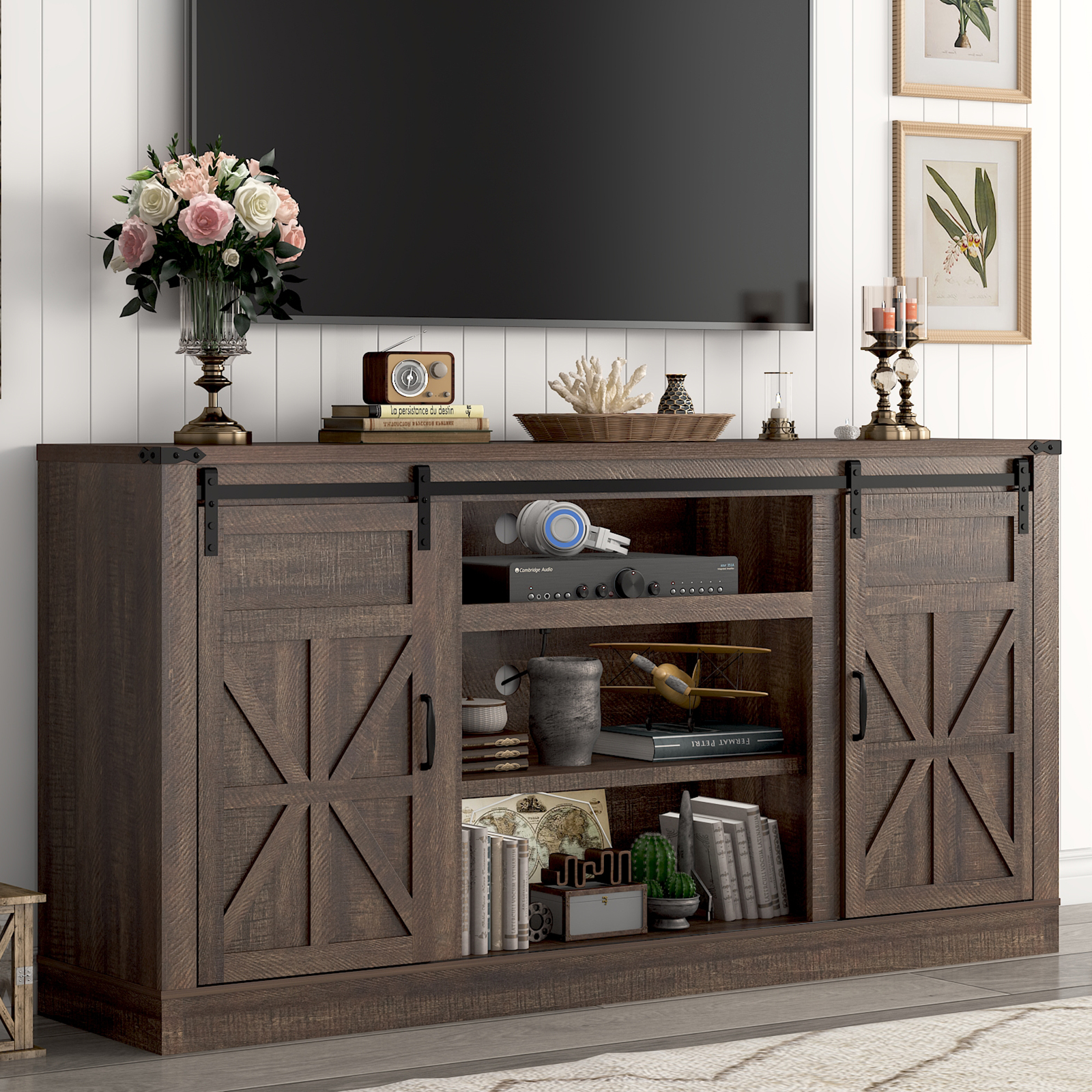 ANPOO 66" TV Stand with Power Outlets for TVs up to 75", 33" Tall Farmhouse Entertainment Center with Sliding Barn Doors & Adjustable Shelves, Rustic Wood TV Media Console for Living Room