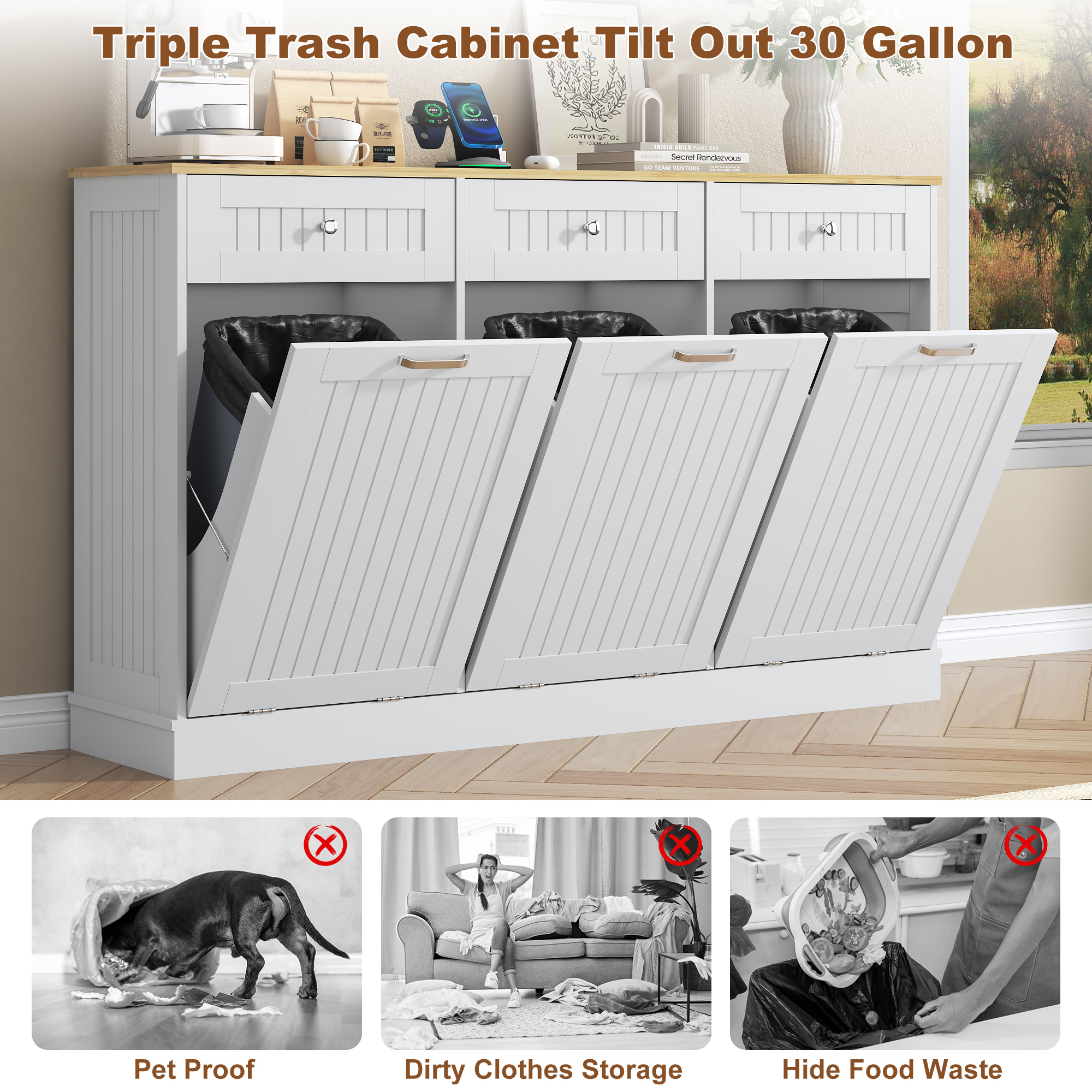 ANPOO 59 Inch Kitchen Triple Tilt Out Trash Can Cabinet, 30 Gallon Hidden Wooden Garbage Recycling Station with Power Outlet & 3 Drawers for Kitchen