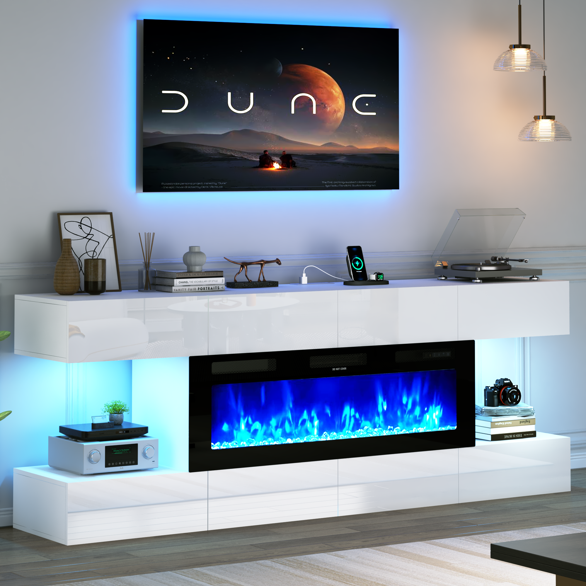 Blotout 82'' Fireplace TV Stand for 85/90''TV with 50'' Fireplace, LED Modern High Gloss Entertainment Center with Power Outlet, TV Console Table with 8 Handleless Storage Drawers, White