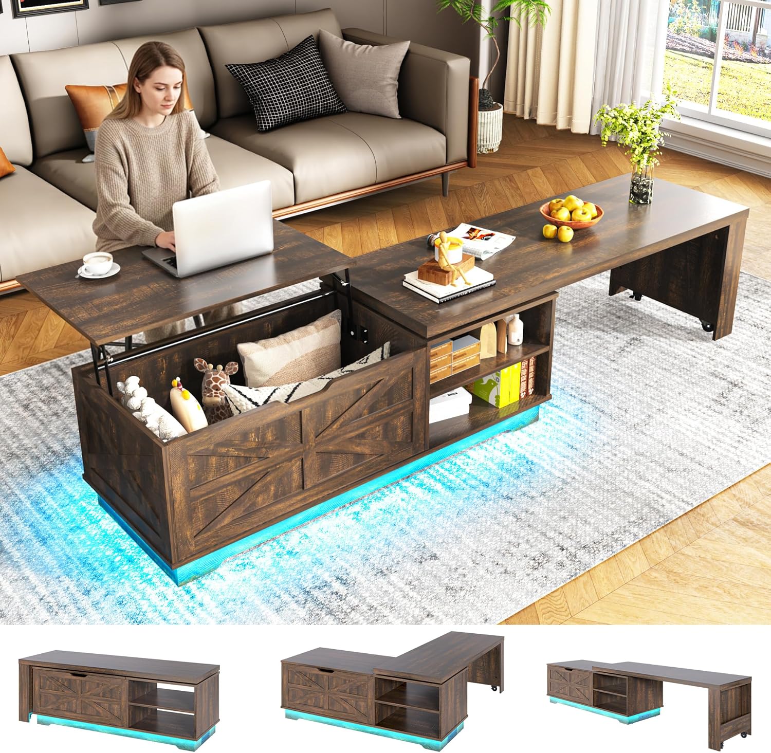 ANPOO 90°/180° Rotating Lift Top Coffee Table W/ LED Lights & Power Outlets, 57"-90" Extendable Farmhouse Coffee Table with Hidden Storage, L-Shaped Coffee Table for Living Room