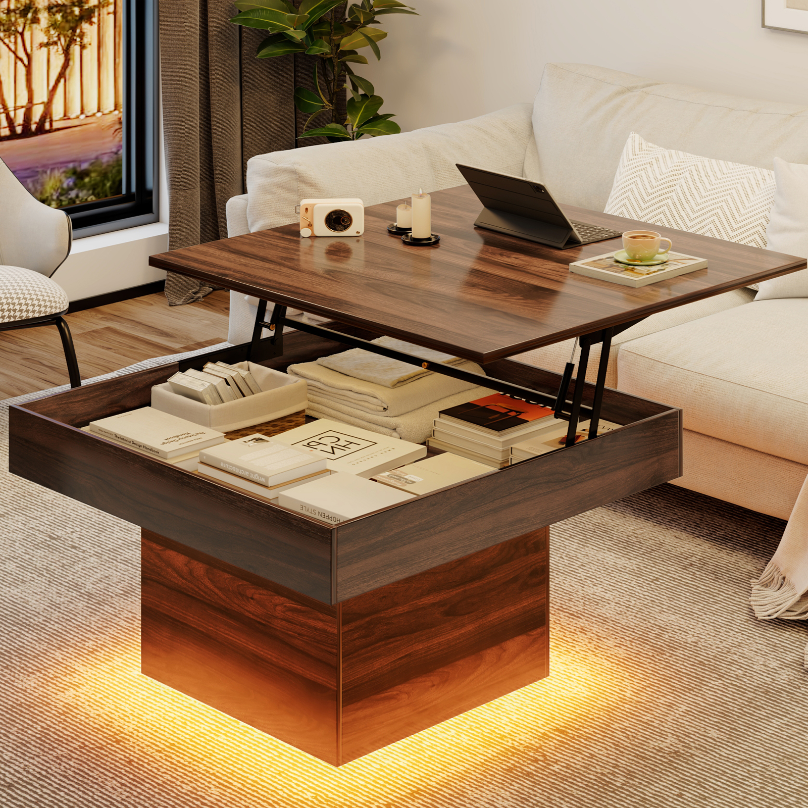ANPOO LED Square Coffee Table for Living Room,36 Inch Lift Top Coffee Table with LED Light,Minimalist Square Coffee Table with Hidden Storage,Square Lift-Up Center Table