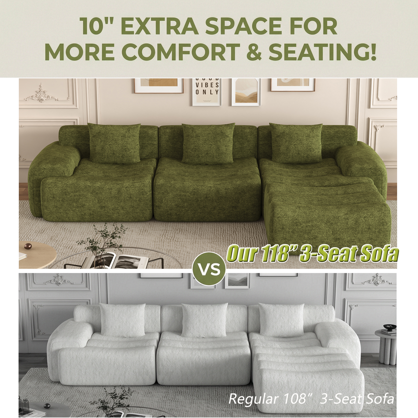 ANPOO 118" Extra Large Couches for Living Room, 30" Oversized Deep Seat Boneless Couches for Living Room with Movable Ottoman, L Shaped Sectional Couches for Living Room, Chenille Sofa