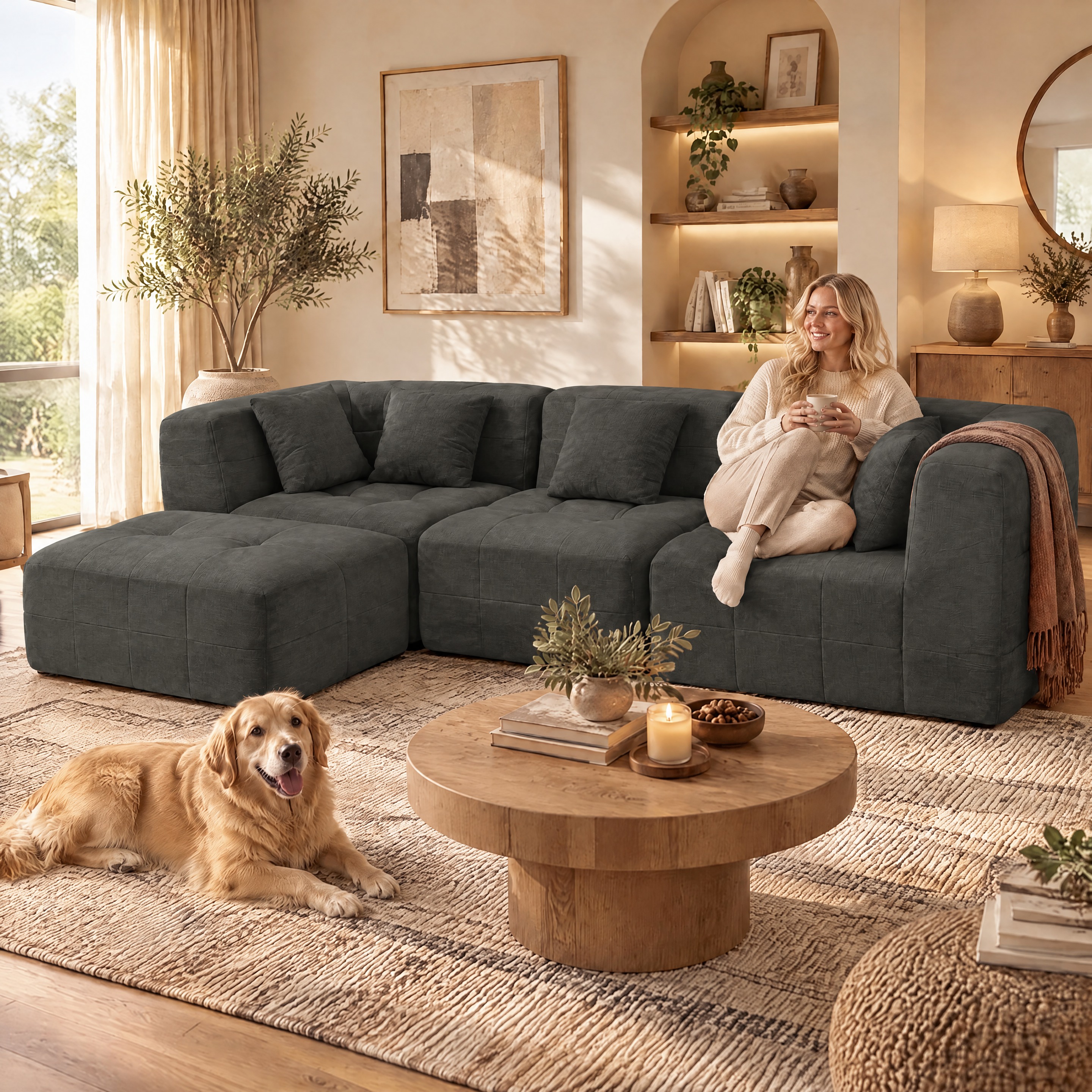 110" Modular L Shaped Sectional Sofa, Upholstered Deep Seat Cloud Couch No Assembly Required with Movable Ottoman & 5 Pillows for Living Room,Bedroom,Office (Black)