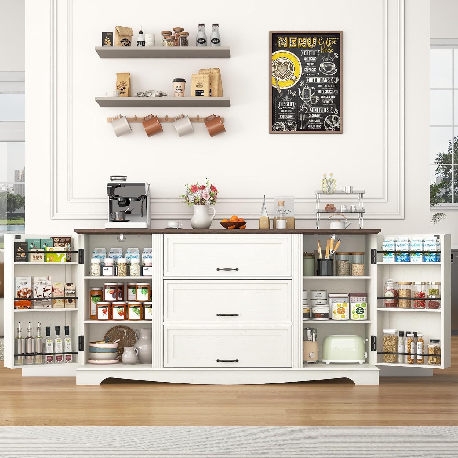 Blotout 65" Sideboard Buffet Cabinet with Storage, Farmhouse Kitchen Pantry Storage Cabinet, Credenza with Drawers, Wood Coffee Bar Cabinet, White