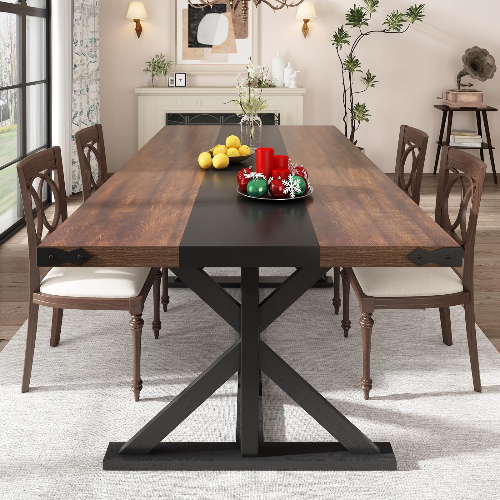 Blotout 71" Modern Farmhouse Dining Table for 6-8 Person, Rectangular Wood Dining Table with Adjustable Feet, Kitchen Table for Dining Room, Gathering, Kitchen (Brown Black)