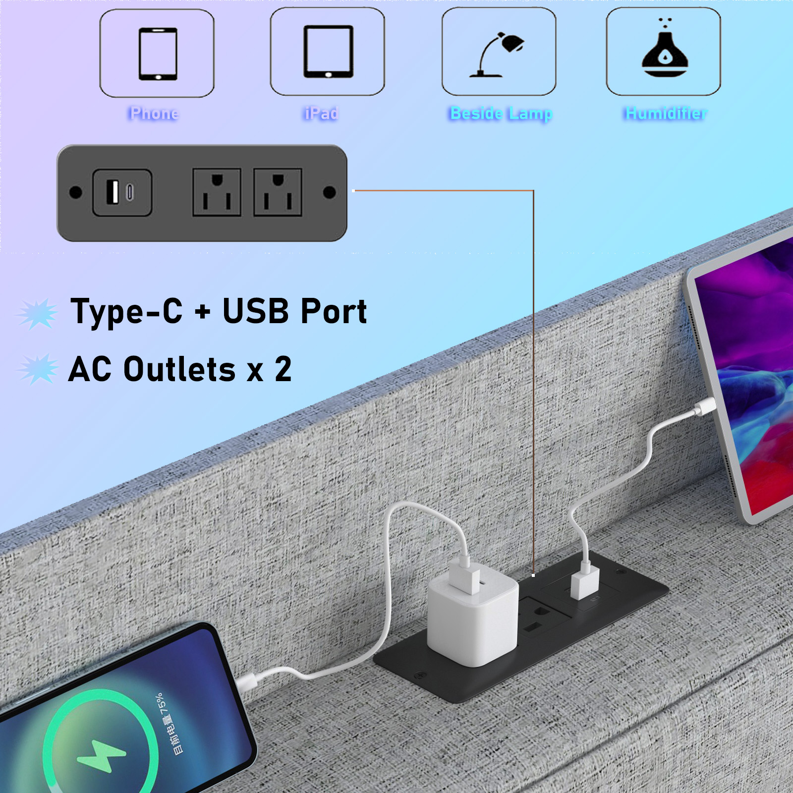 Wingback Upholstered Bed Frame with LED Headboard & Charging Ports