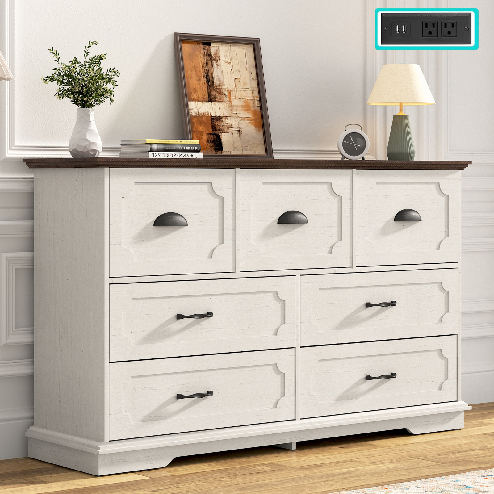 Blotout 55" Large Long Drawer Dresser with Deep Drawers, Farmhouse 7 Drawer Dresser for Bedroom, Wide Wood Chest of Drawers with Power Outlets