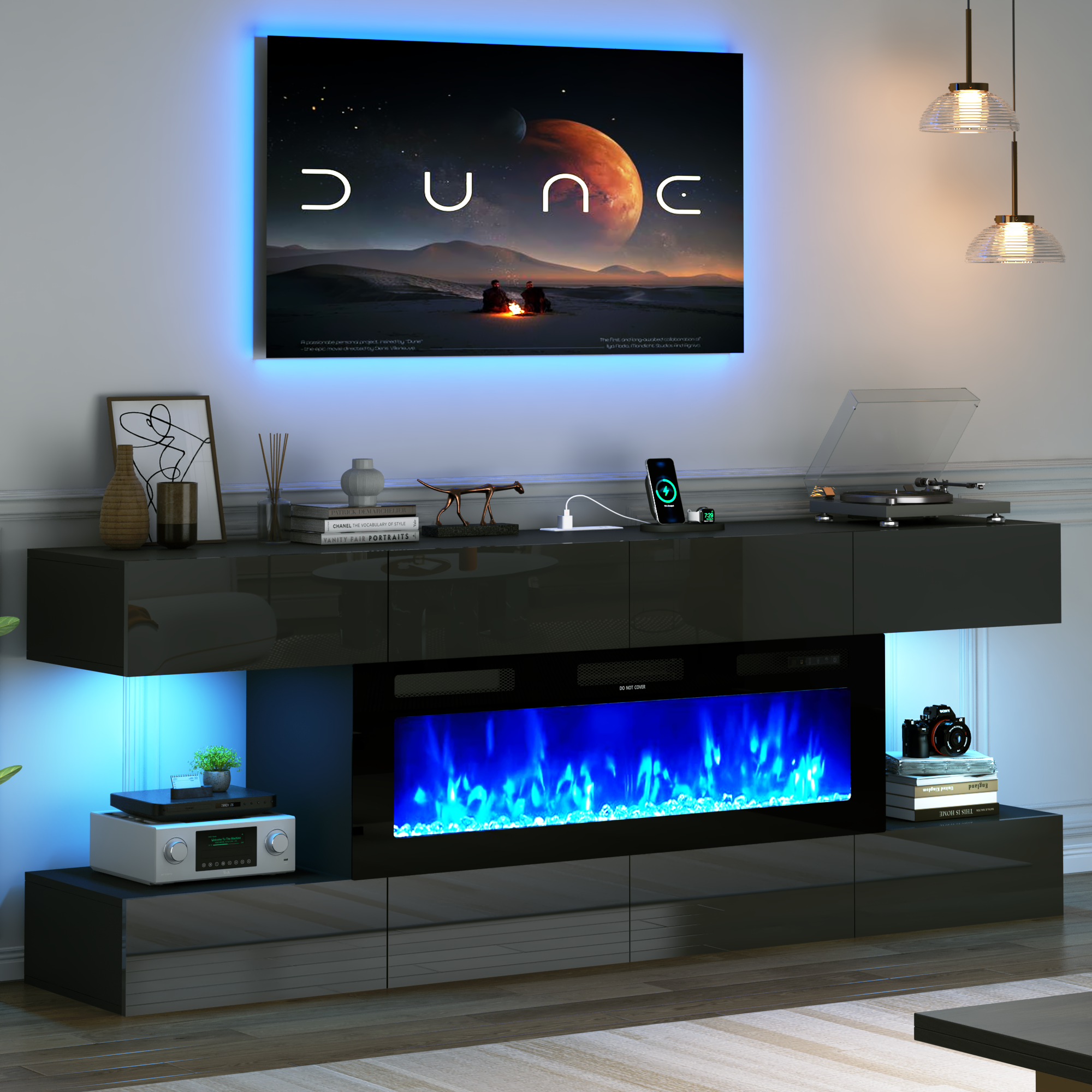 Blotout 82'' Fireplace TV Stand for 85/90''TV with 50'' Fireplace, LED Modern High Gloss Entertainment Center with Power Outlet, TV Console Table with 8 Handleless Storage Drawers, Black