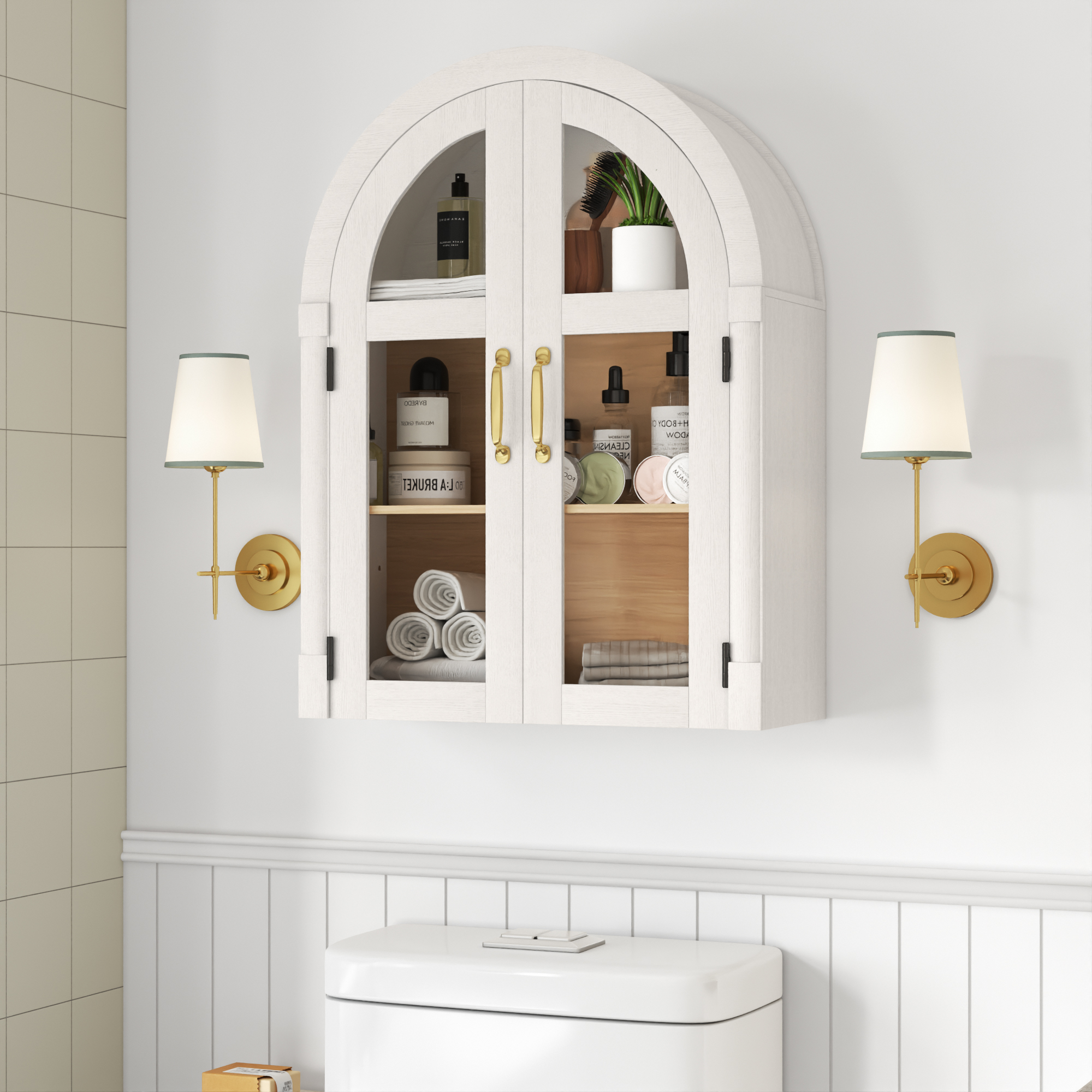 Arched Wall Cabinet with Glass Door, 23.6'' Bathroom Over the Toilet Storage Cabinet with Adjustable Shelf, Space-Saving, Roman Column Design, Wall Mounted Cabinet for Laundry, Kitchen