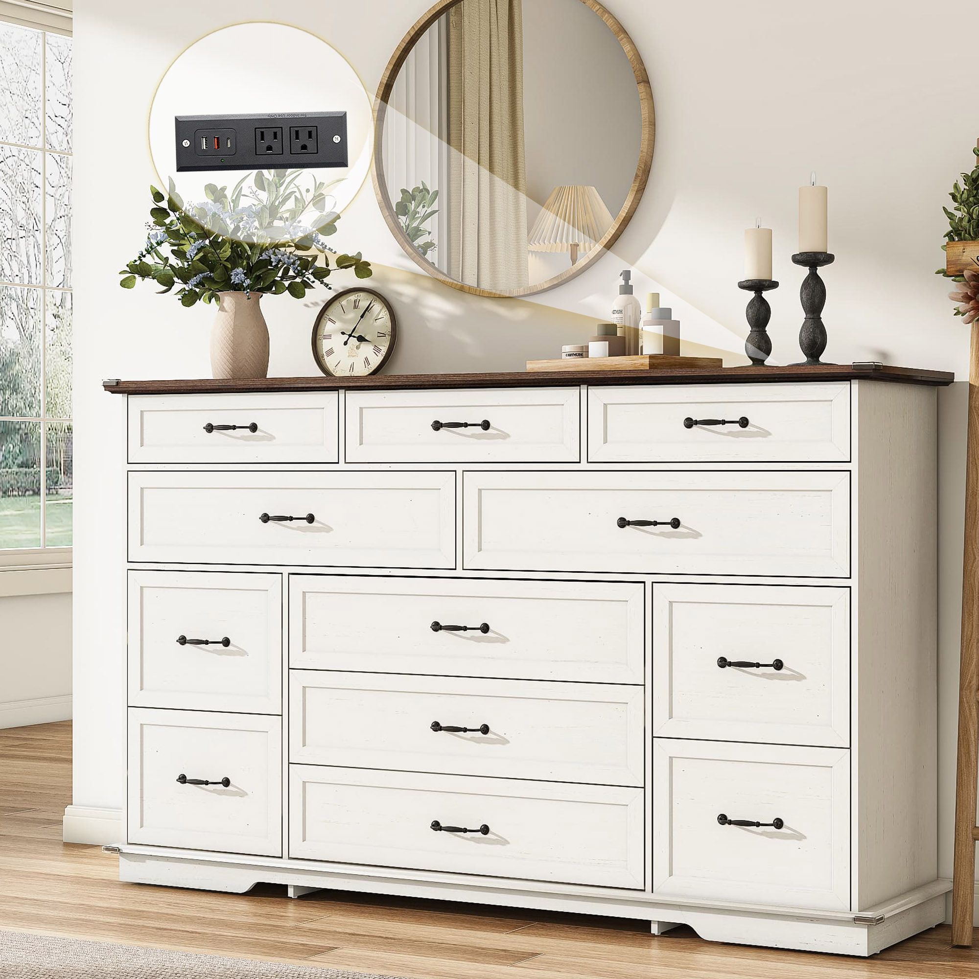 Farmhouse Dresser for Bedroom, 63'' Wide Wood Chest of Drawers with Power Outlets
