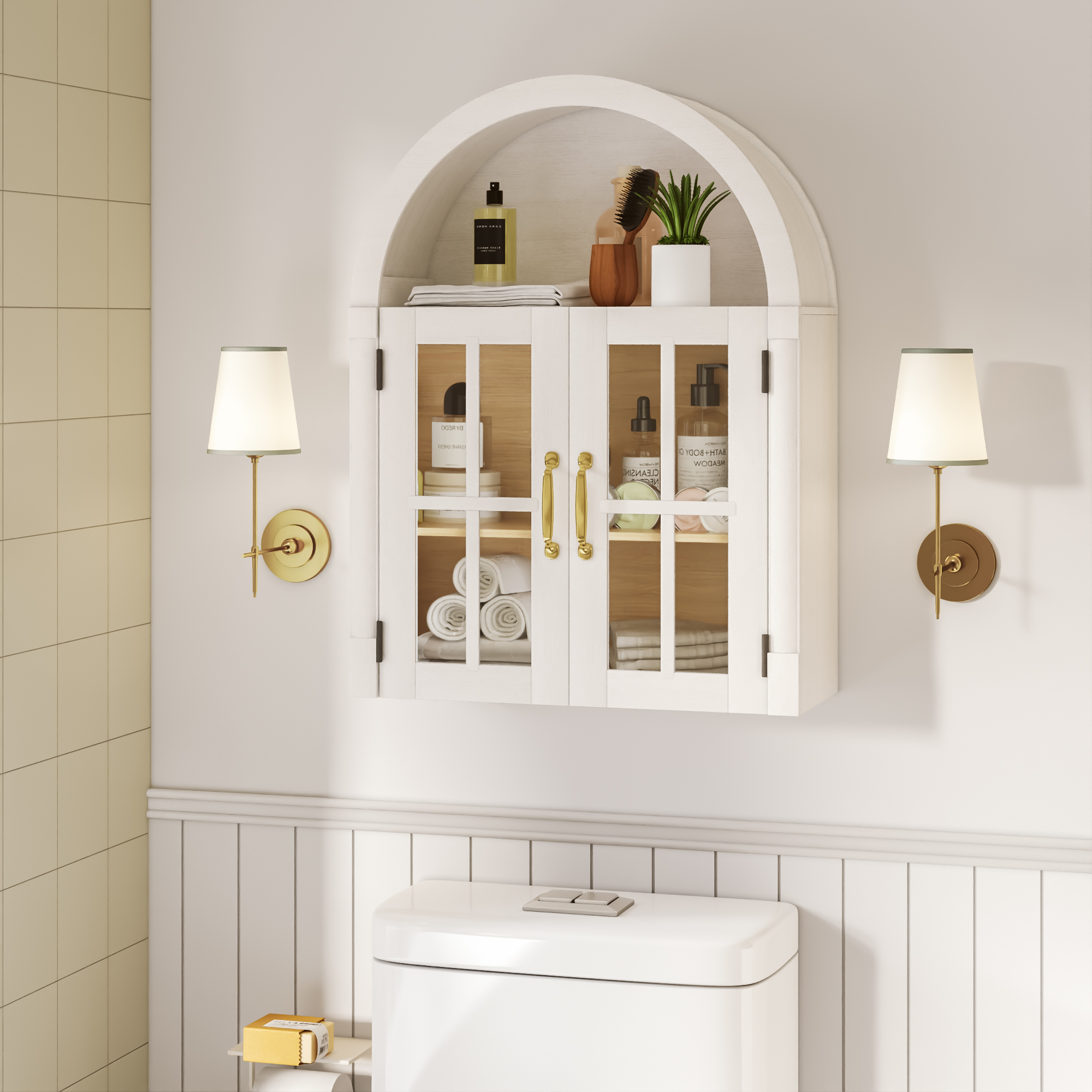 Arched Wall Cabinet with Glass Door, 23.6'' Bathroom Over the Toilet Storage Cabinet with Adjustable Shelf, Space-Saving, Roman Column Design, Wall Mounted Cabinet for Laundry, Kitchen