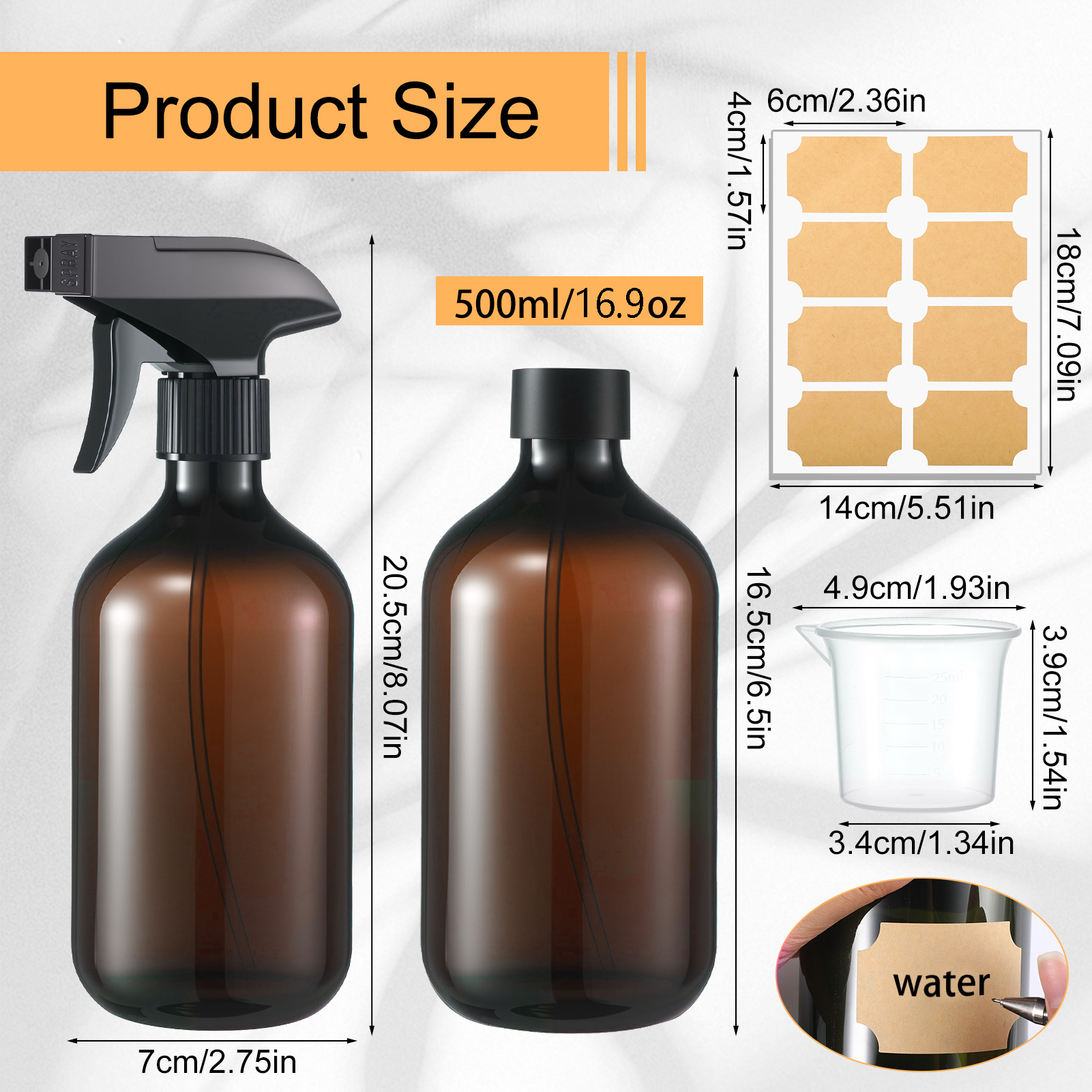 Armscye 3 Pack Amber Spray Bottles Empty, 16.9 Oz Plastic Spray Bottle for Cleaning, Adjustable Nozzle Squirt Bottle for Plants Hair, Refillable Spray Container with Free Measuring Cup and Stickers