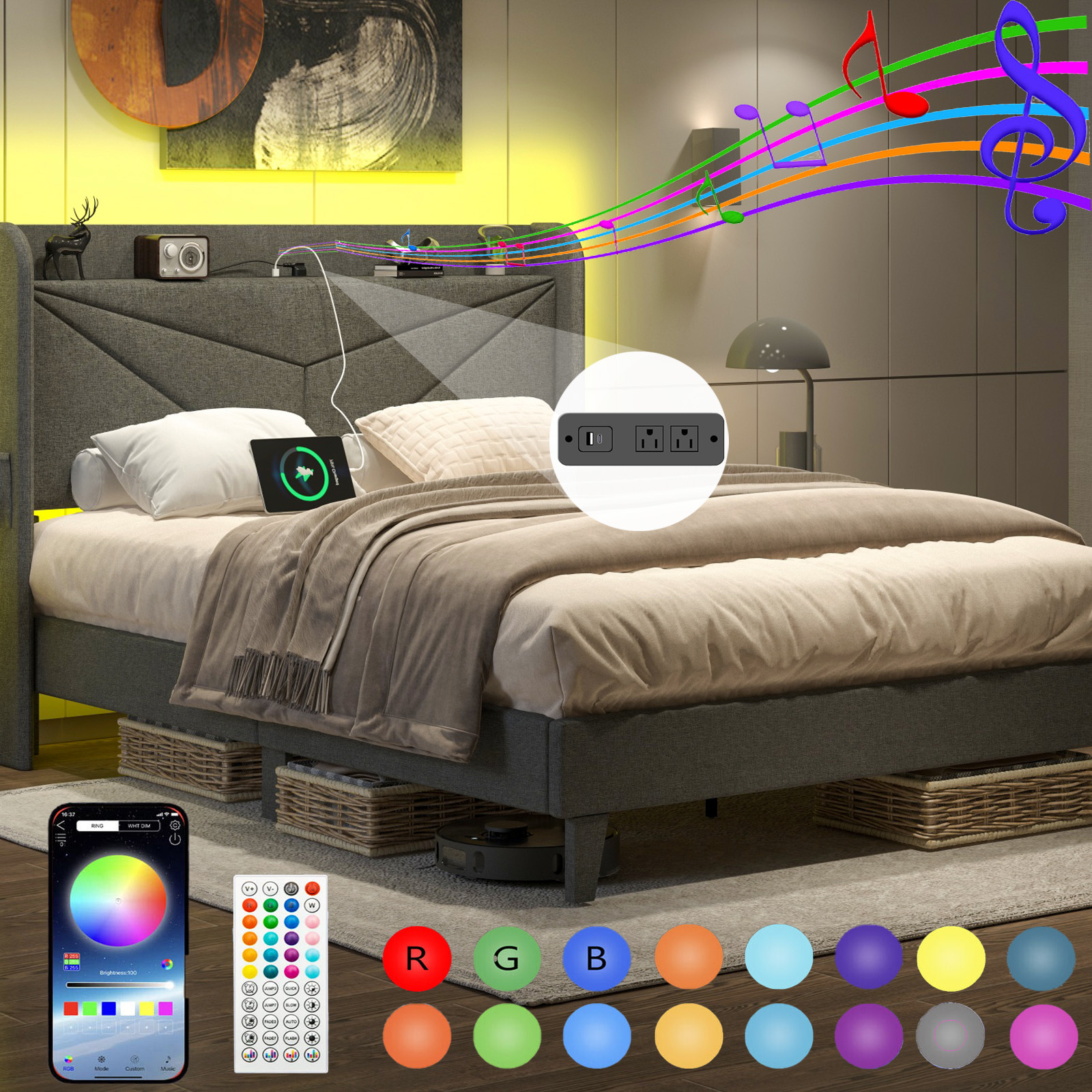 Wingback Upholstered Bed Frame with LED Headboard & Charging Ports