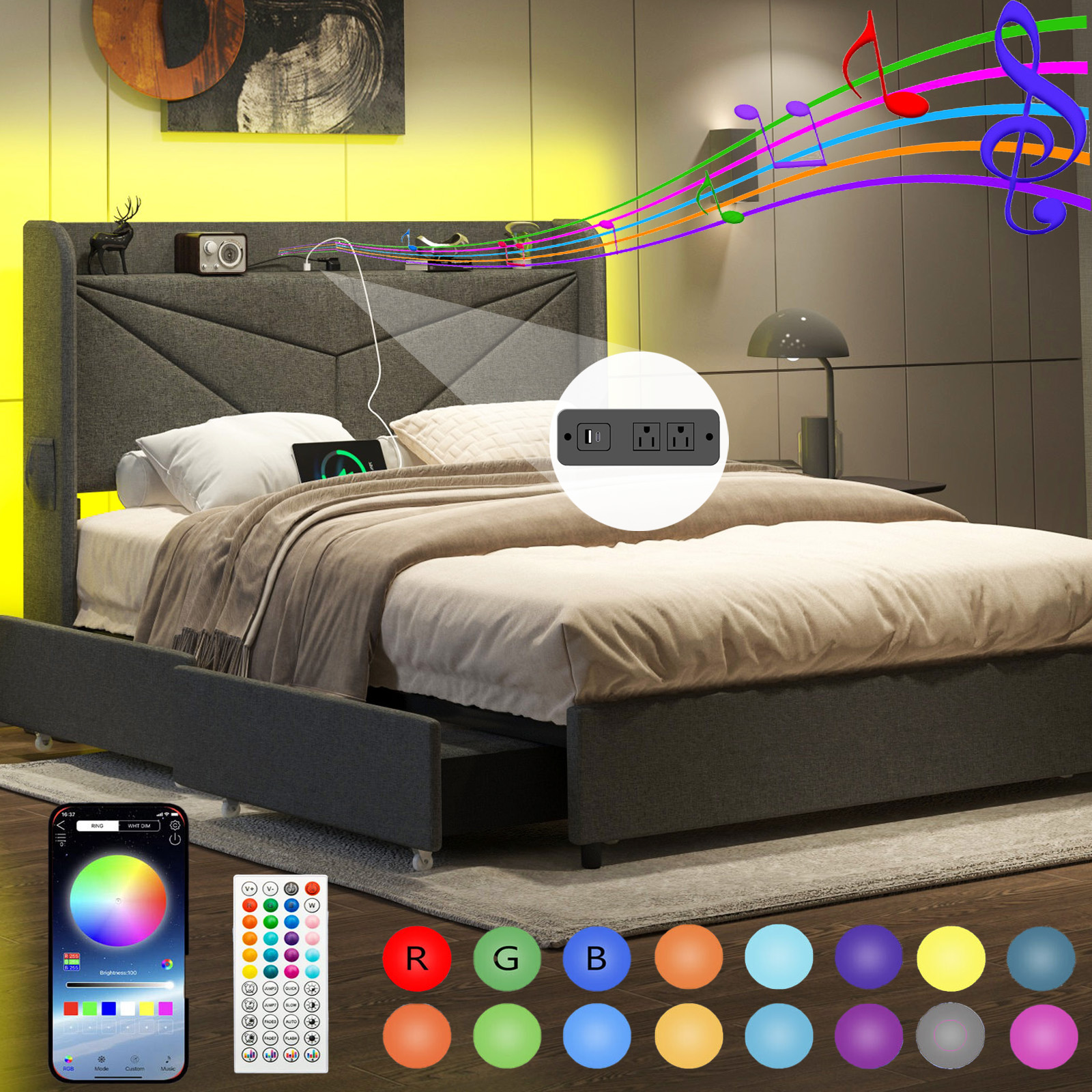 LED Bed Frame with Powet Outlet Type-C & USB Ports & 4 Storage Drawers, Wingback