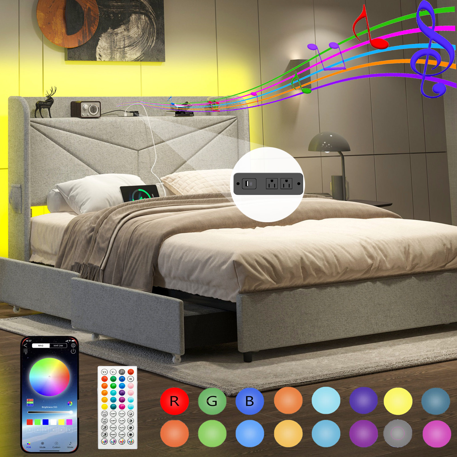 LED Bed Frame with Powet Outlet Type-C & USB Ports & 4 Storage Drawers, Wingback