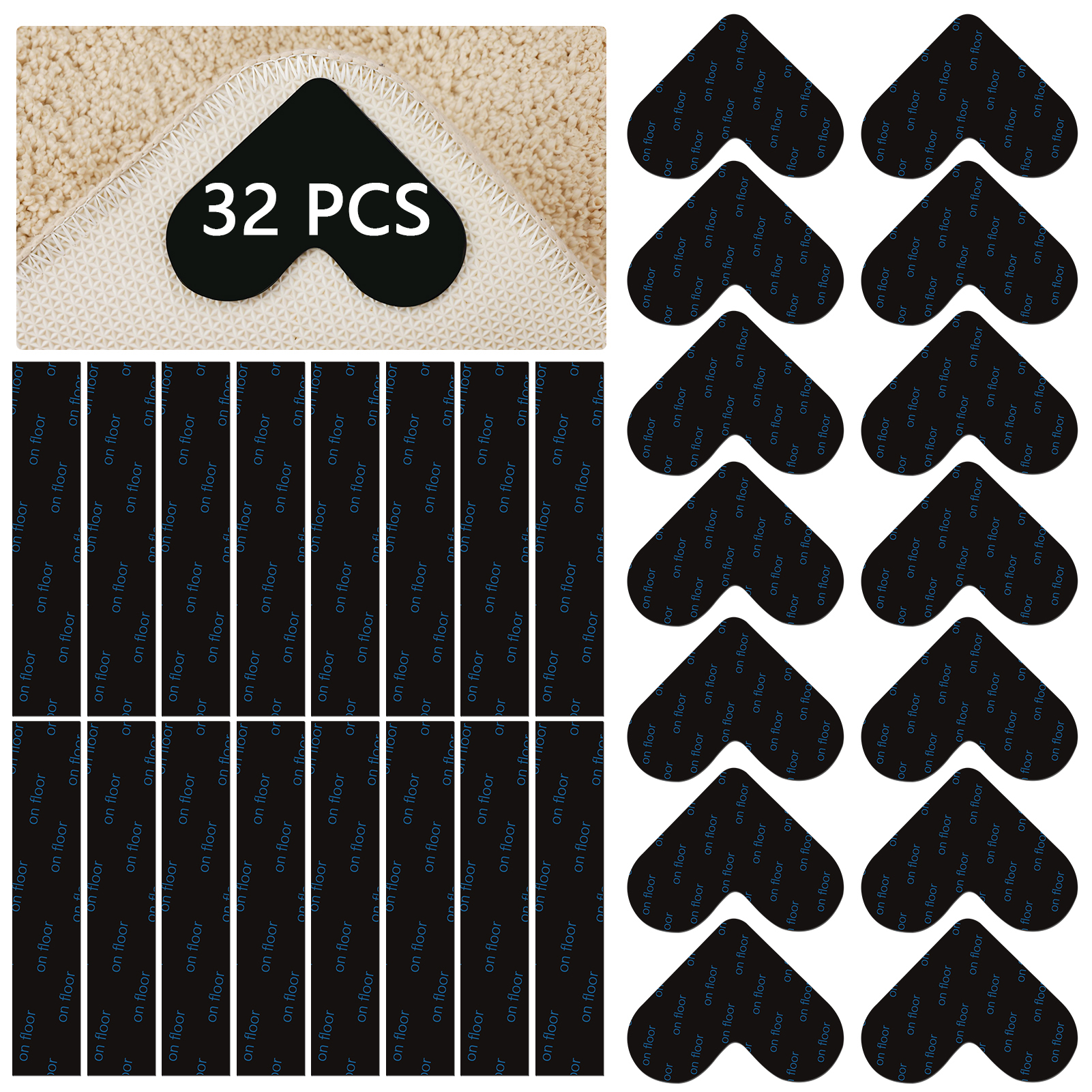 Armscye 32 Pcs Double Sided Rug Tape, Adhesive Rug Grippers for Hardwood Floors, Non Slip Carpet Tape, Reusable Rug Pads for Keep Corners Flat (Black)