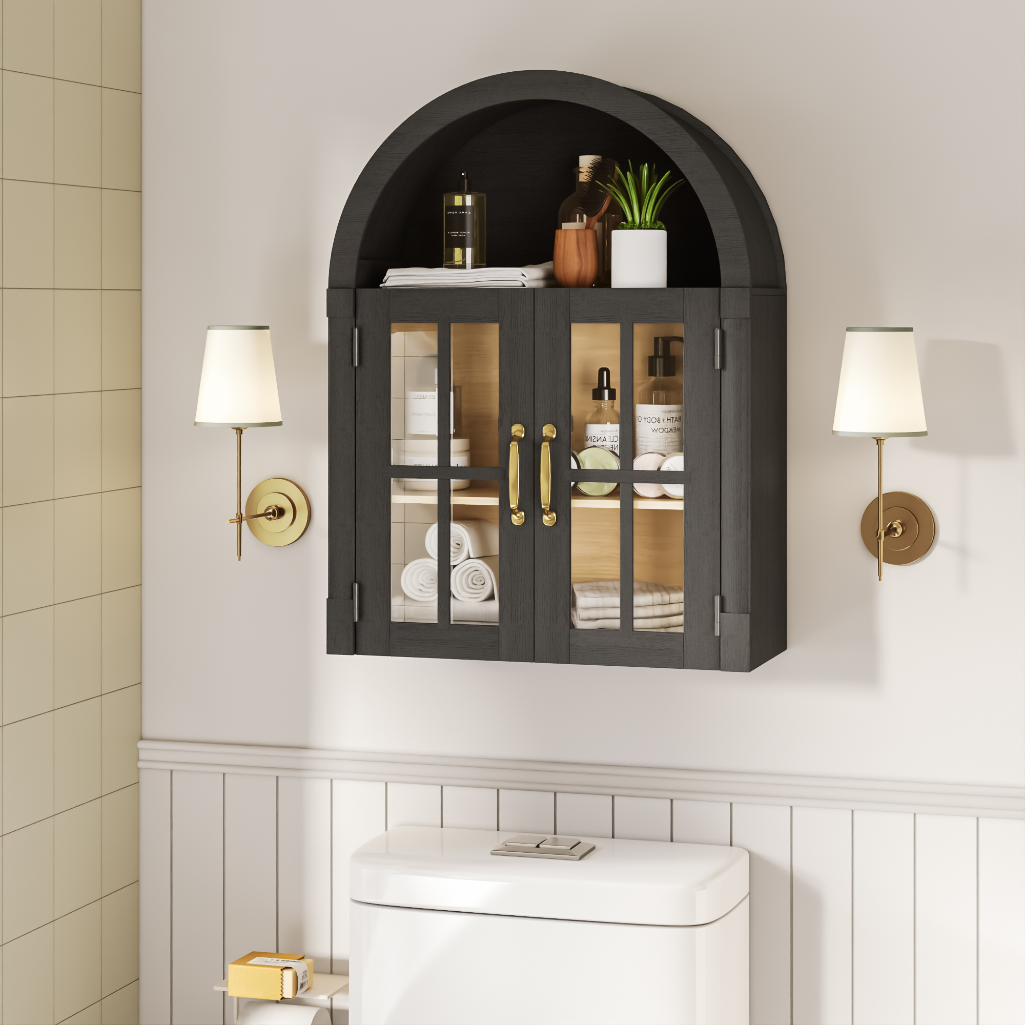 Arched Wall Cabinet with Glass Door, 23.6'' Bathroom Over the Toilet Storage Cabinet with Adjustable Shelf, Space-Saving, Roman Column Design, Wall Mounted Cabinet for Laundry, Kitchen