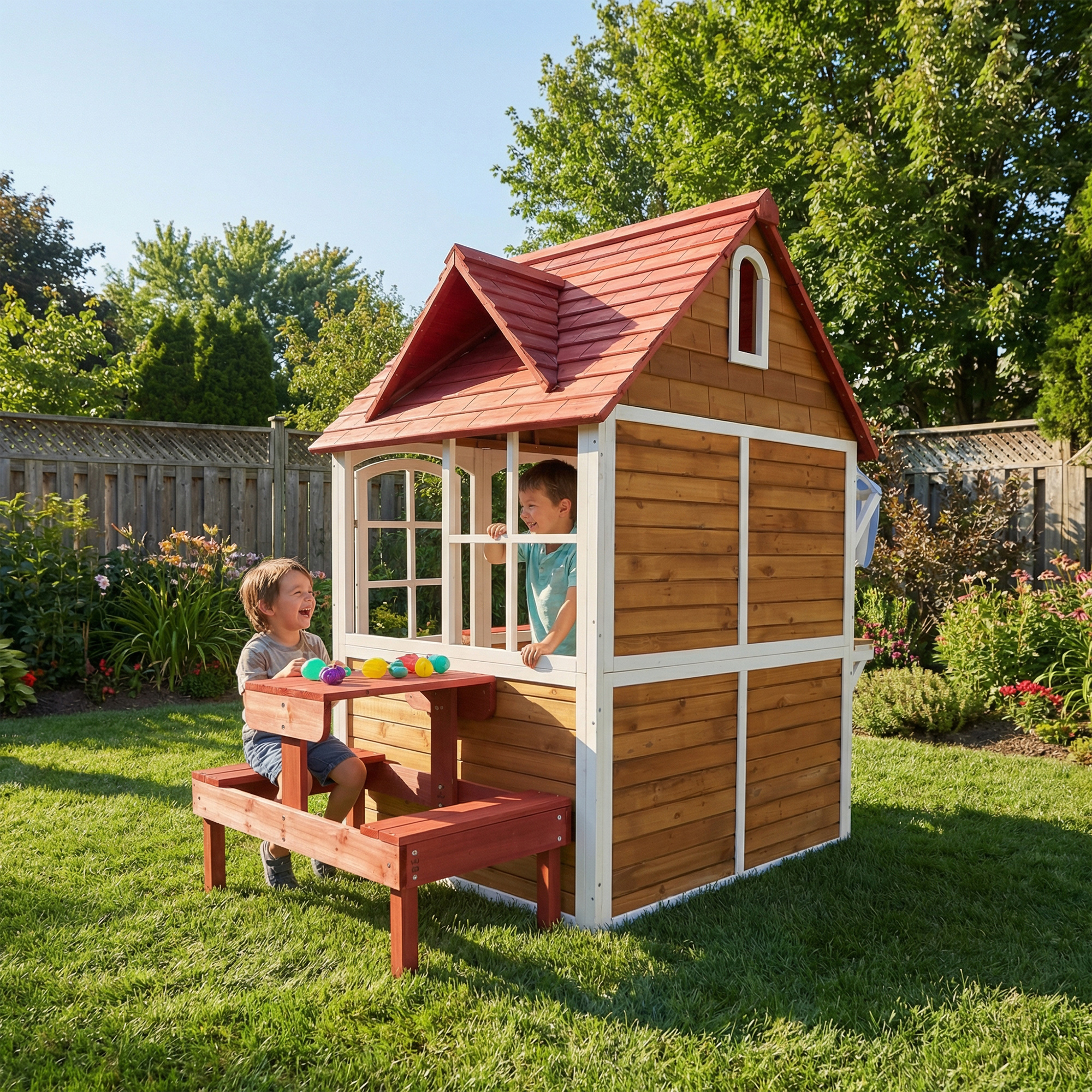 ANPOO Outdoor Wooden Kids Playhouse, Large Play House with Bench/Table/Kitchen/Flower Pot Holders/Toys, Outdoor Play Toy Gift for Ages 3+