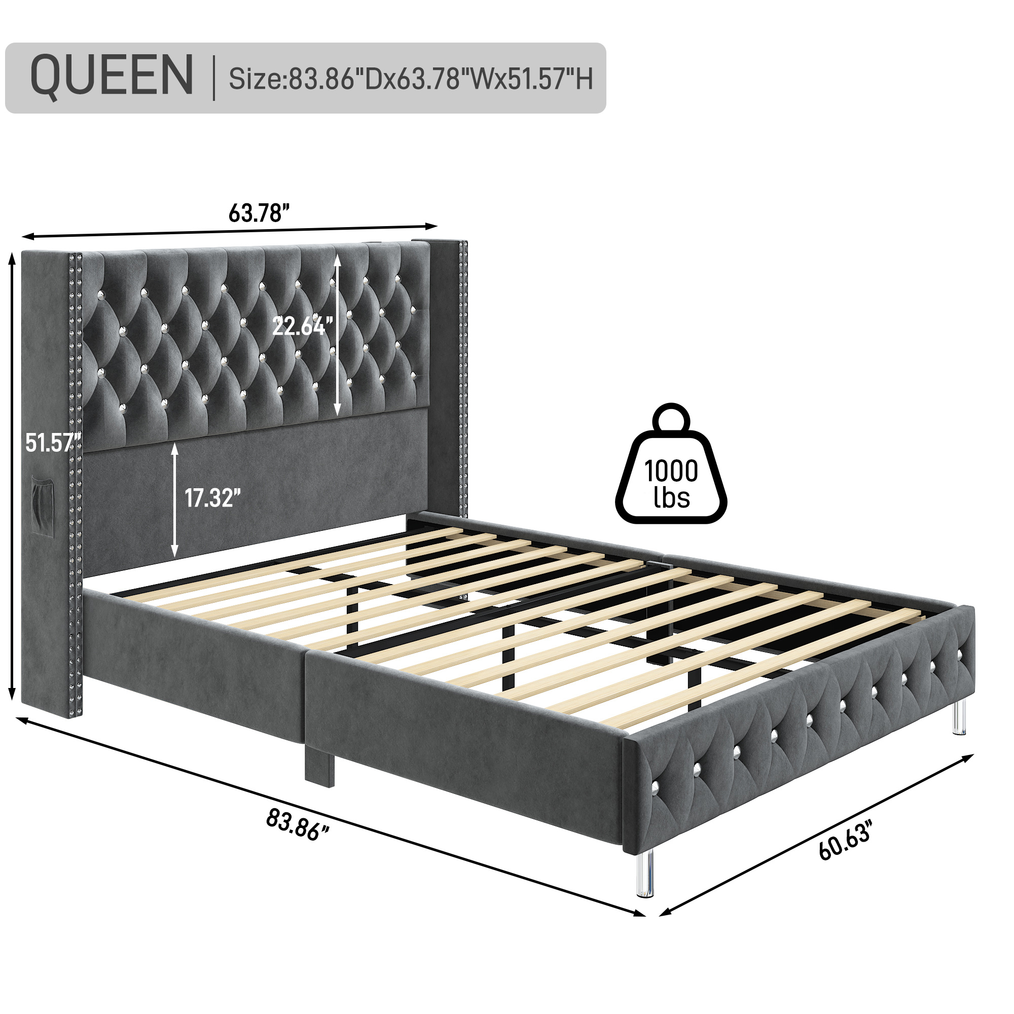 Queen LED Upholstered Bed Frame with Wingback Headboard, Velvet Diamond Button Tufted Bed Frame USB & Type-C Ports and Side Pockets, Wood Slats Support, No Box Spring Needed