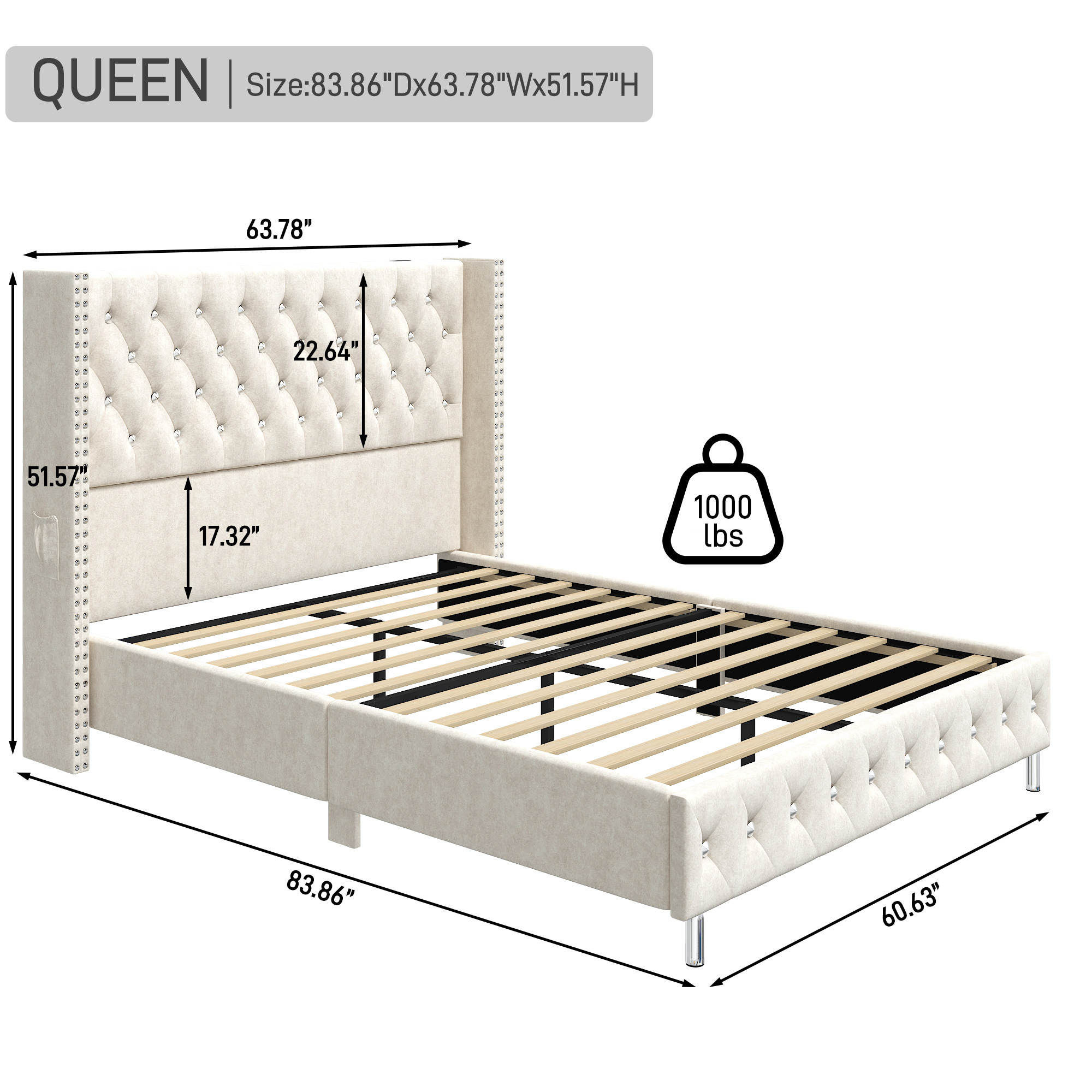 Queen LED Upholstered Bed Frame with Wingback Headboard, Velvet Diamond Button Tufted Bed Frame USB & Type-C Ports and Side Pockets, Wood Slats Support, No Box Spring Needed