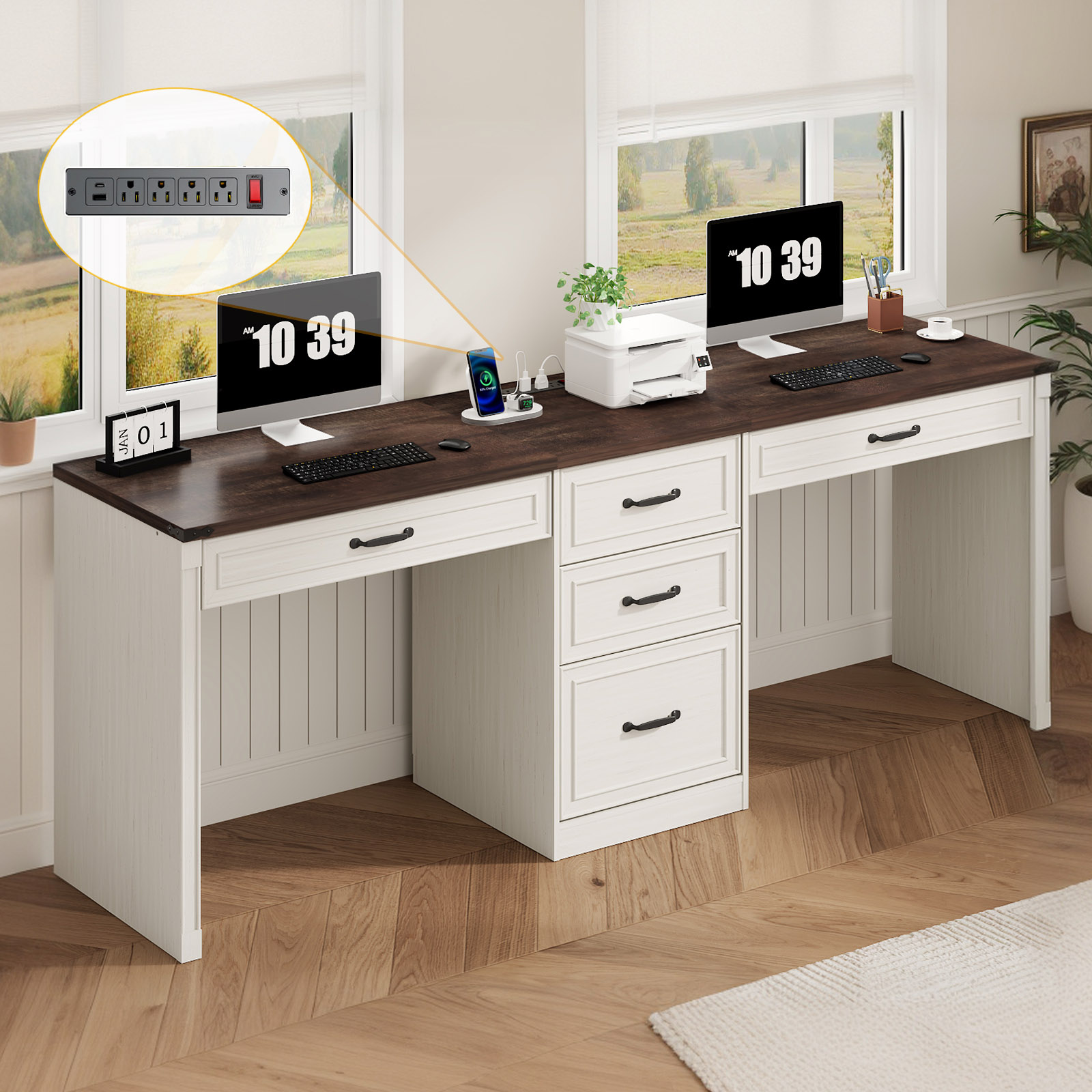 81" 2 Person Desk with 5 Drawers & Outlets