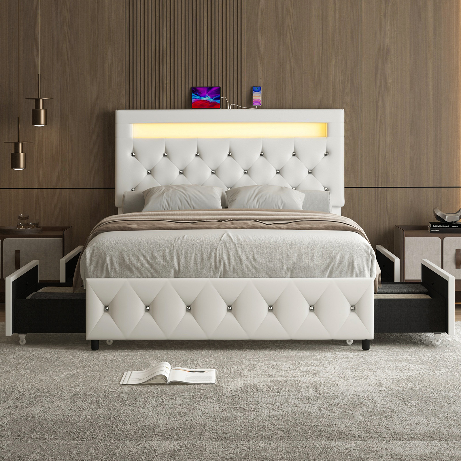 Faux Leather Upholstered LED Bed Frame with 4 Storage Drawers & USB Ports