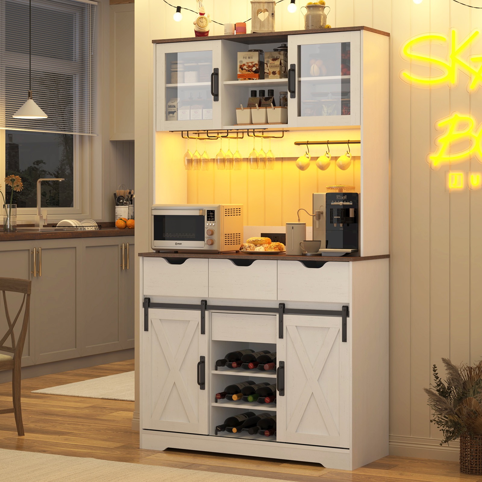 LED Farmhouse Coffee Bar Cabinet with Sliding Barn Door & Outlets 72'' Tall Sideboard Buffet Hutch w/12 Wine Bottles/Glass Racks, 4 Drawers, Hooks