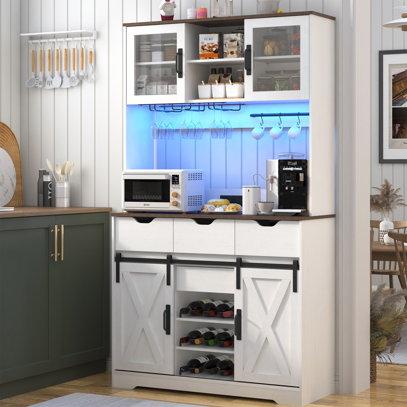 LED Farmhouse Coffee Bar Cabinet with Sliding Barn Door & Outlets 72'' Tall Sideboard Buffet Hutch w/12 Wine Bottles/Glass Racks, 4 Drawers, Hooks