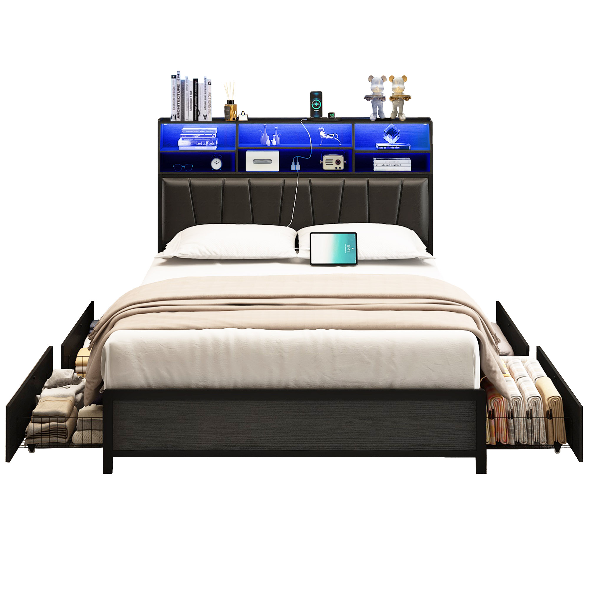 LED Bed Frame with High Storage Headboard & 4 Drawer & 6 Side Bookcase, Metal Upholstered Platform Bed with Power Outlets Leather Restback