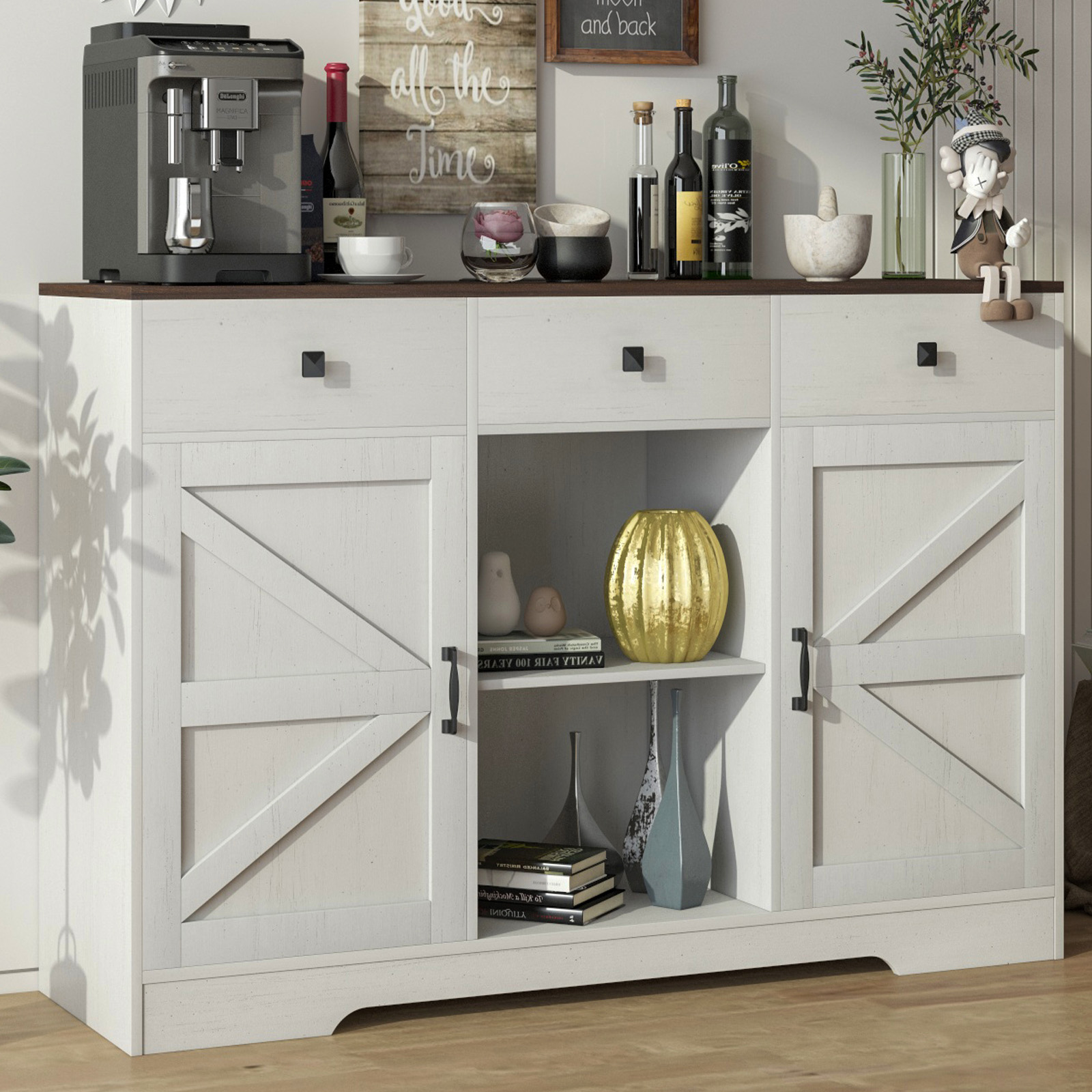Blotout Farmhouse Coffee Bar Cabinet, 54" Kitchen Buffet Storage Cabinet with Doors and Drawers, Farmhouse Sideboard Buffet Table Coffee Bar Cabinet for Dining Room Living Room