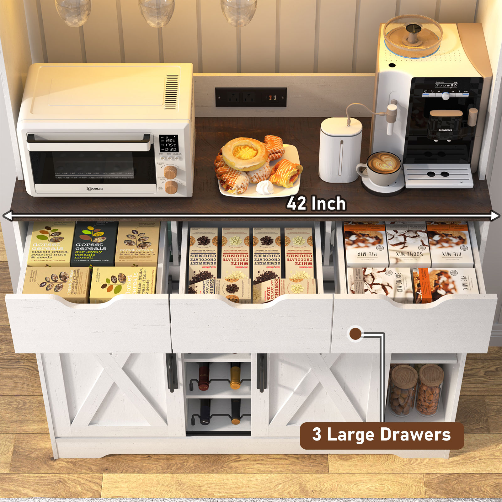 LED Farmhouse Coffee Bar Cabinet with Sliding Barn Door & Outlets 72'' Tall Sideboard Buffet Hutch w/12 Wine Bottles/Glass Racks, 4 Drawers, Hooks