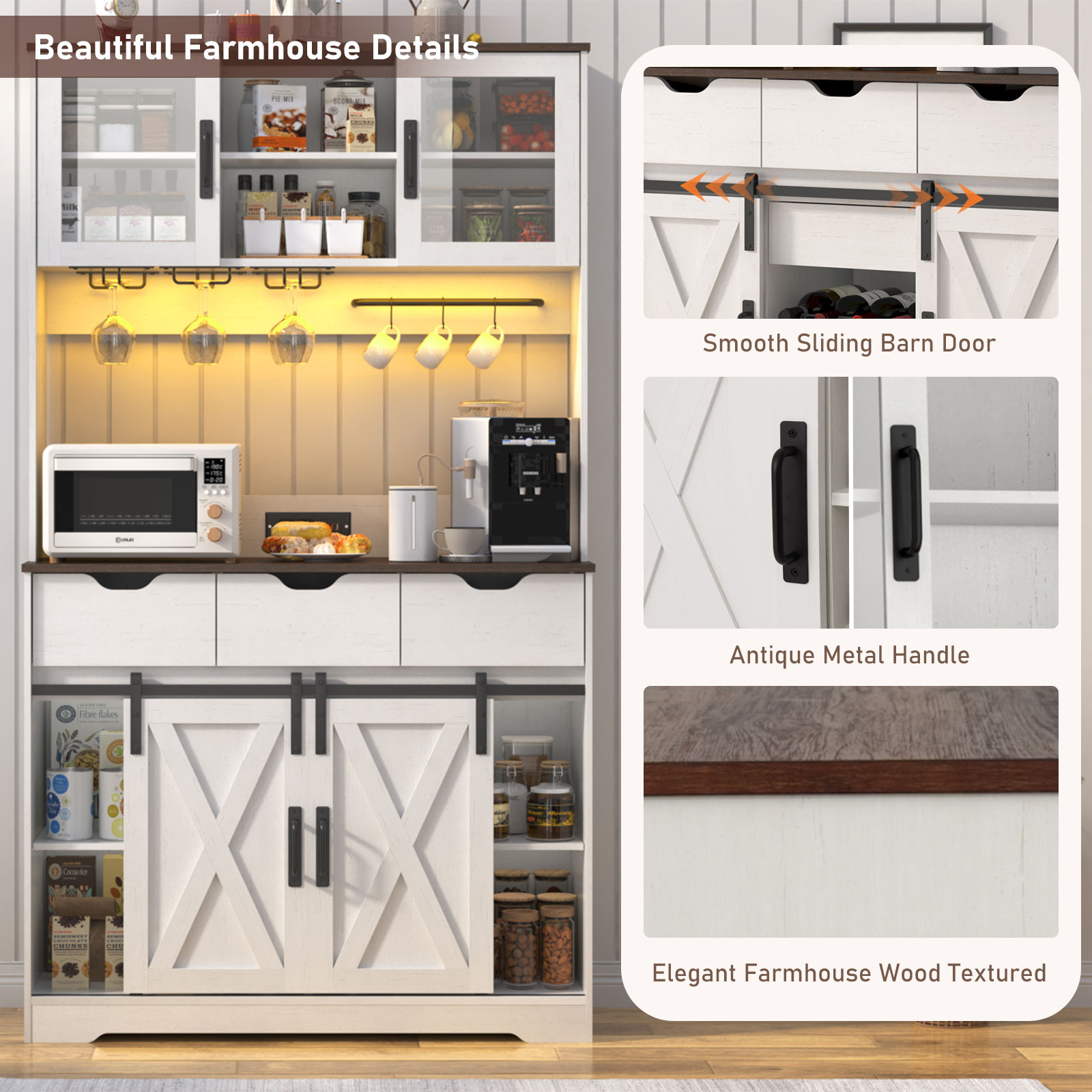 LED Farmhouse Coffee Bar Cabinet with Sliding Barn Door & Outlets 72'' Tall Sideboard Buffet Hutch w/12 Wine Bottles/Glass Racks, 4 Drawers, Hooks