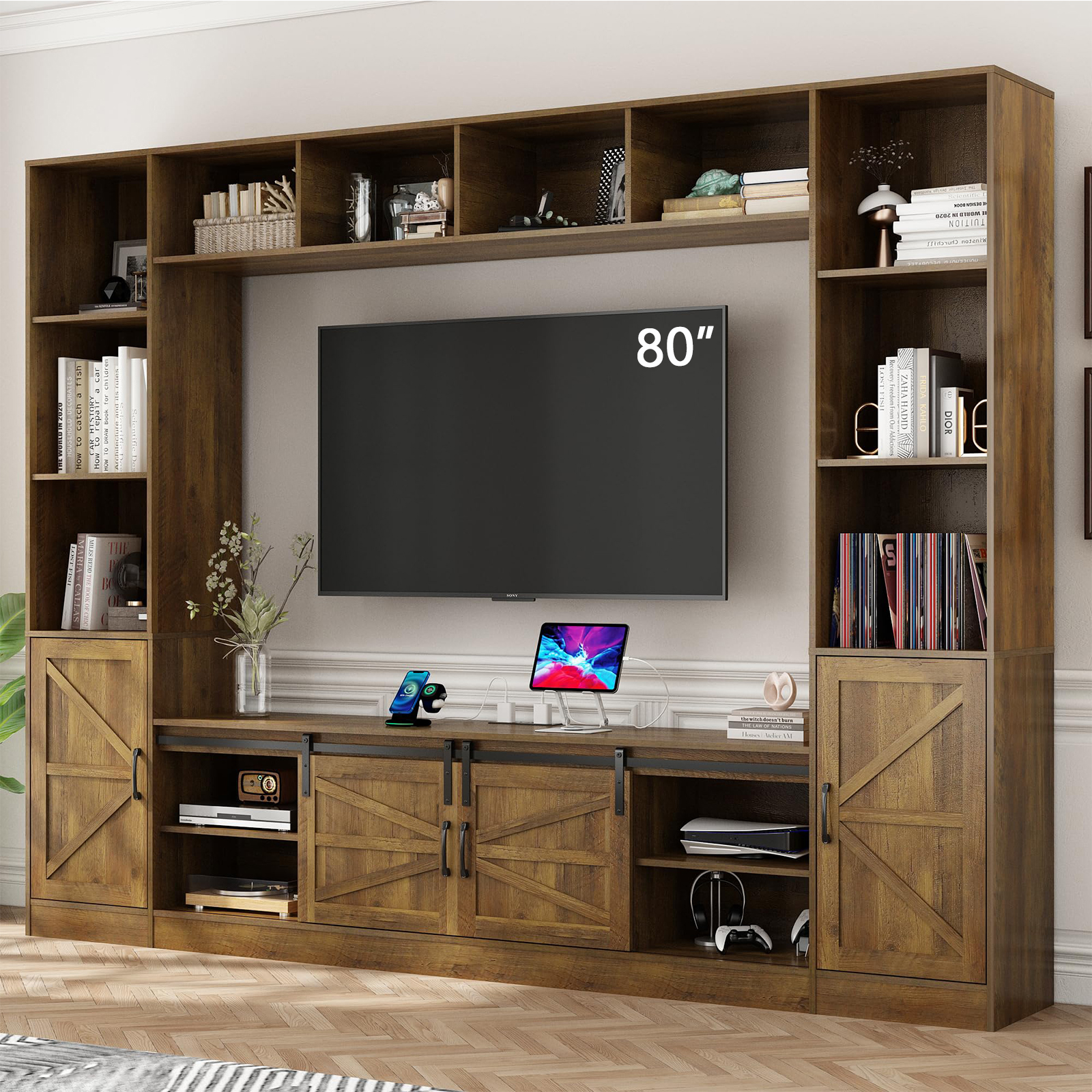 Blotout 103" Entertainment Center for TVs up to 80", Large Wall Unit TV Stand with Storage, Farmhouse TV Wall Unit with Sliding Barn Door and Power Outlet, Rustic Brown