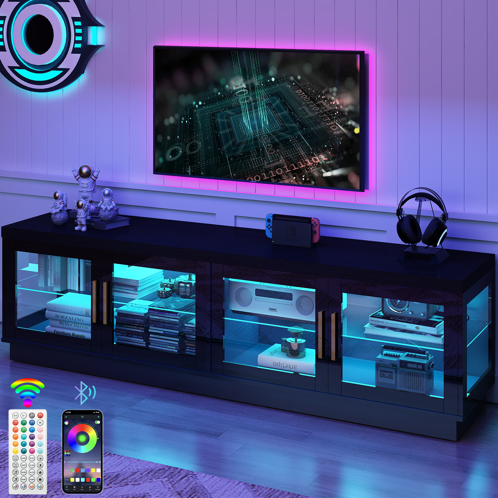 Blotout 70 inch TV Stand for TVs up to 80", RGB LED TV Stand, Tall Modern Entertainment Center, Wood TV Console with Storage Cabinet & Glass Doors & Glass Shelves, High Gloss TV Stand