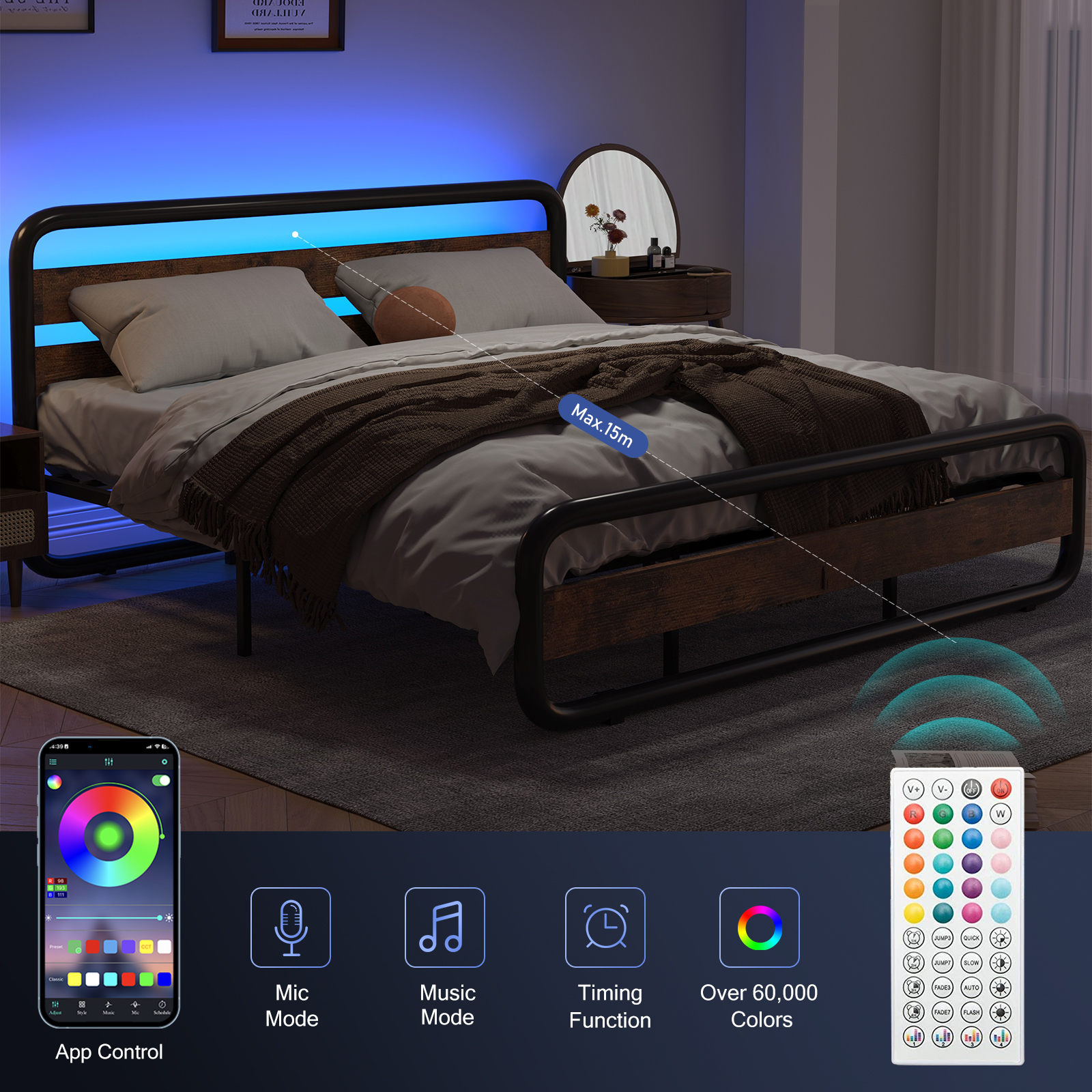 LED Full Size Bed Frame with Wood Headboard&Footboard,Heavy Duty Metal Bed Frame with LED Lights&Under-Bed Storage,Noise Free,No Box Spring Needed