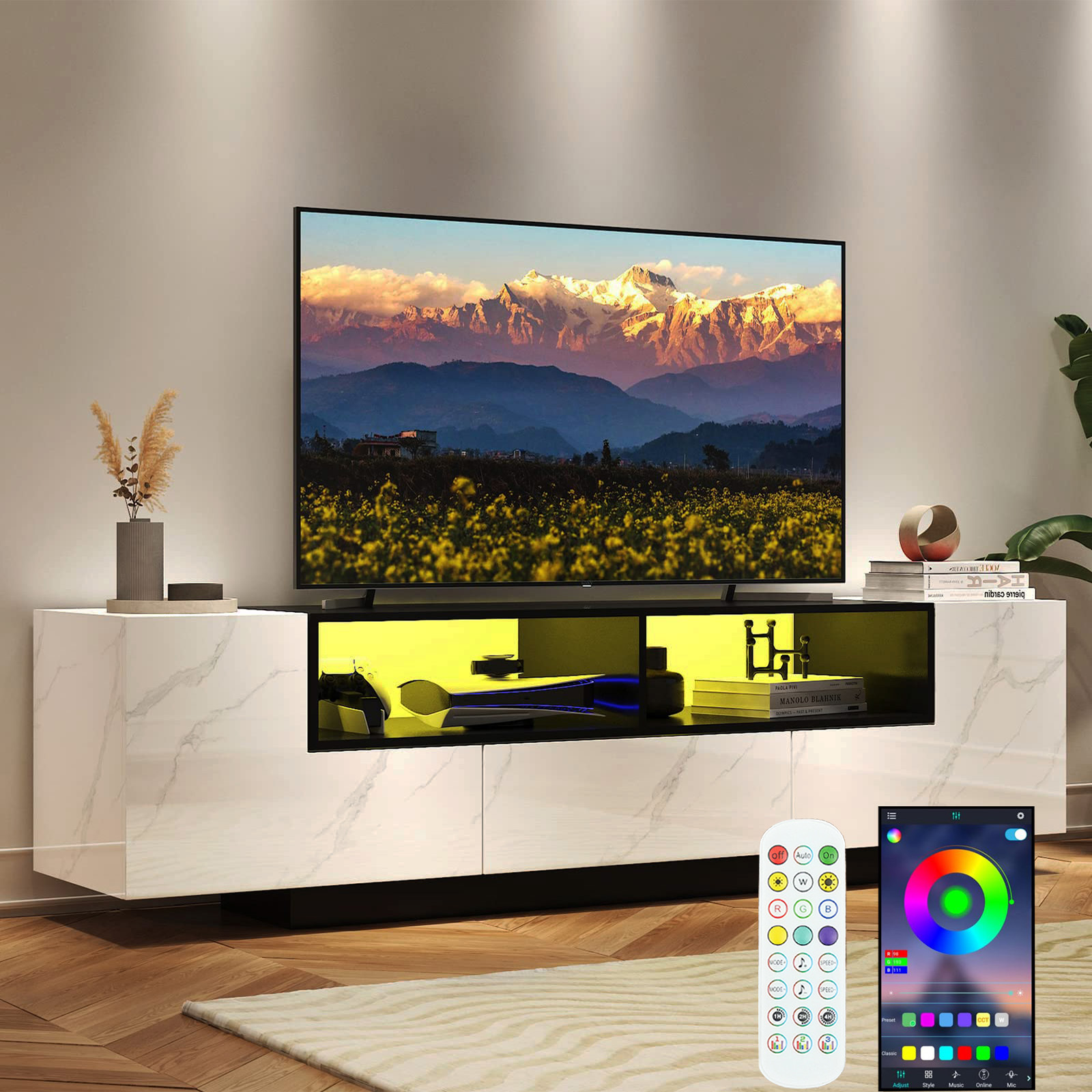 Blotout 70" TV Stand with LED Light for 80" TVs, Luxury Marbling Entertainment Center Large Gaming Media Console with Strorage Cabinets and Open Shelves