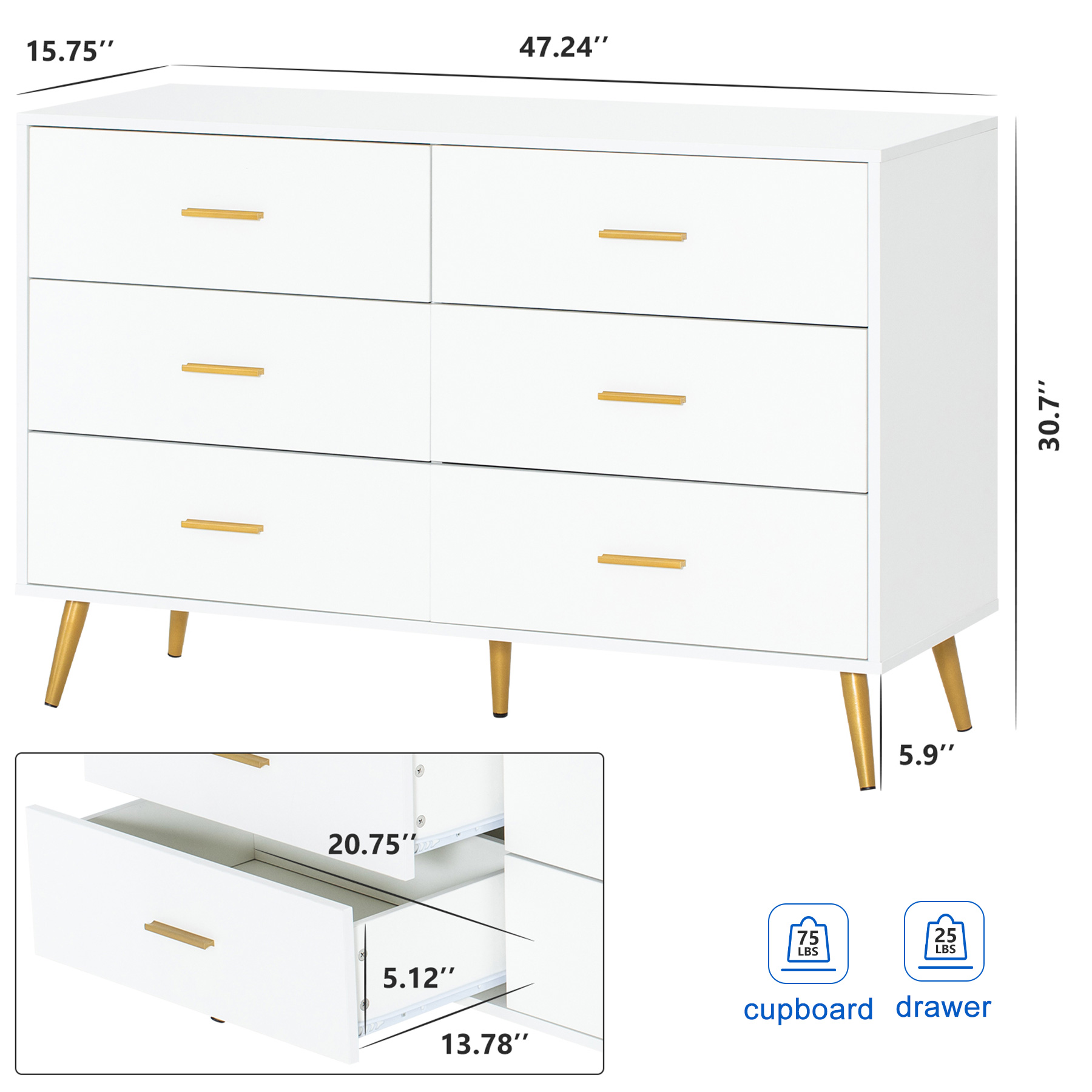 Drawer Dresser with Power Outlets, Wooden Dresser for Bedroom, Mid-Century Modern Closet Dresser for Living Room Hallway Entryway