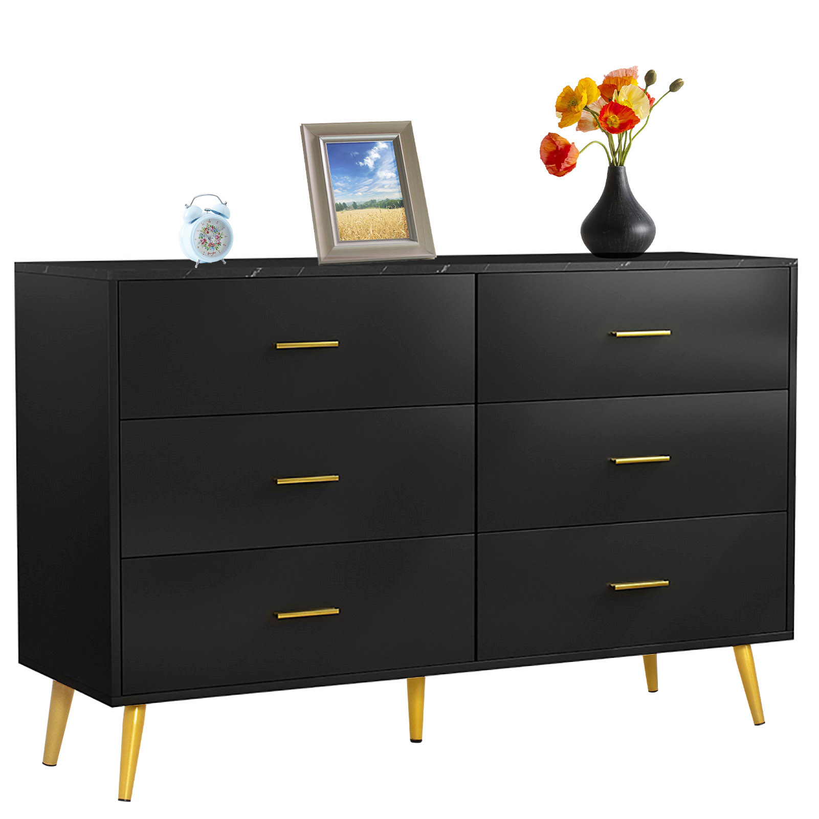 7 Drawer Dresser For Bedroom, 55-inch Marble and Gold Dresser Chest of Drawers Wood Bedroom Organizer