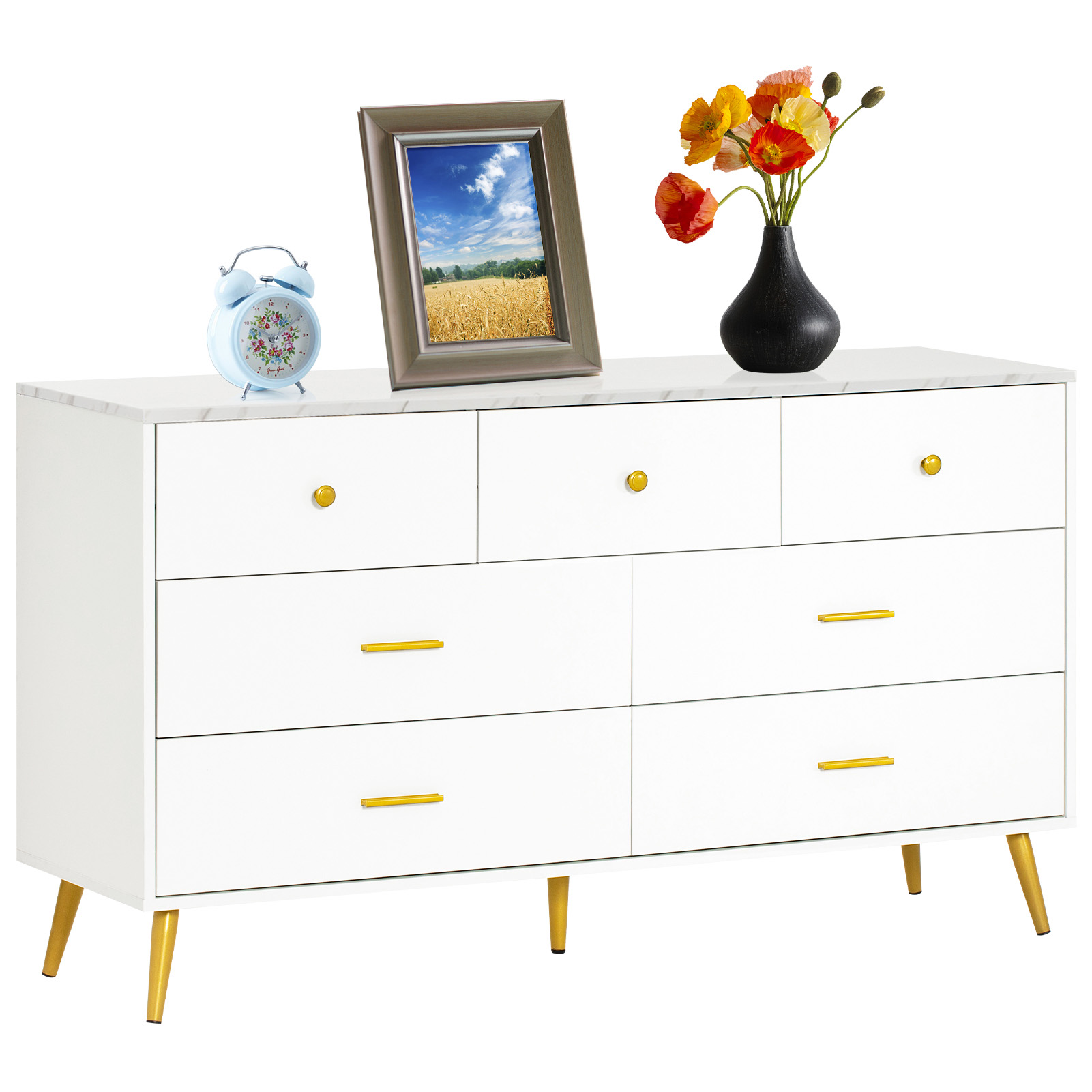 Blotout 7 Drawer Dresser for Bedroom, White Dresser with Gold Handles, Modern Wood Dressers & Chests of Drawers for for Kids Bedroom, Living Room, Imitation Marble Texture