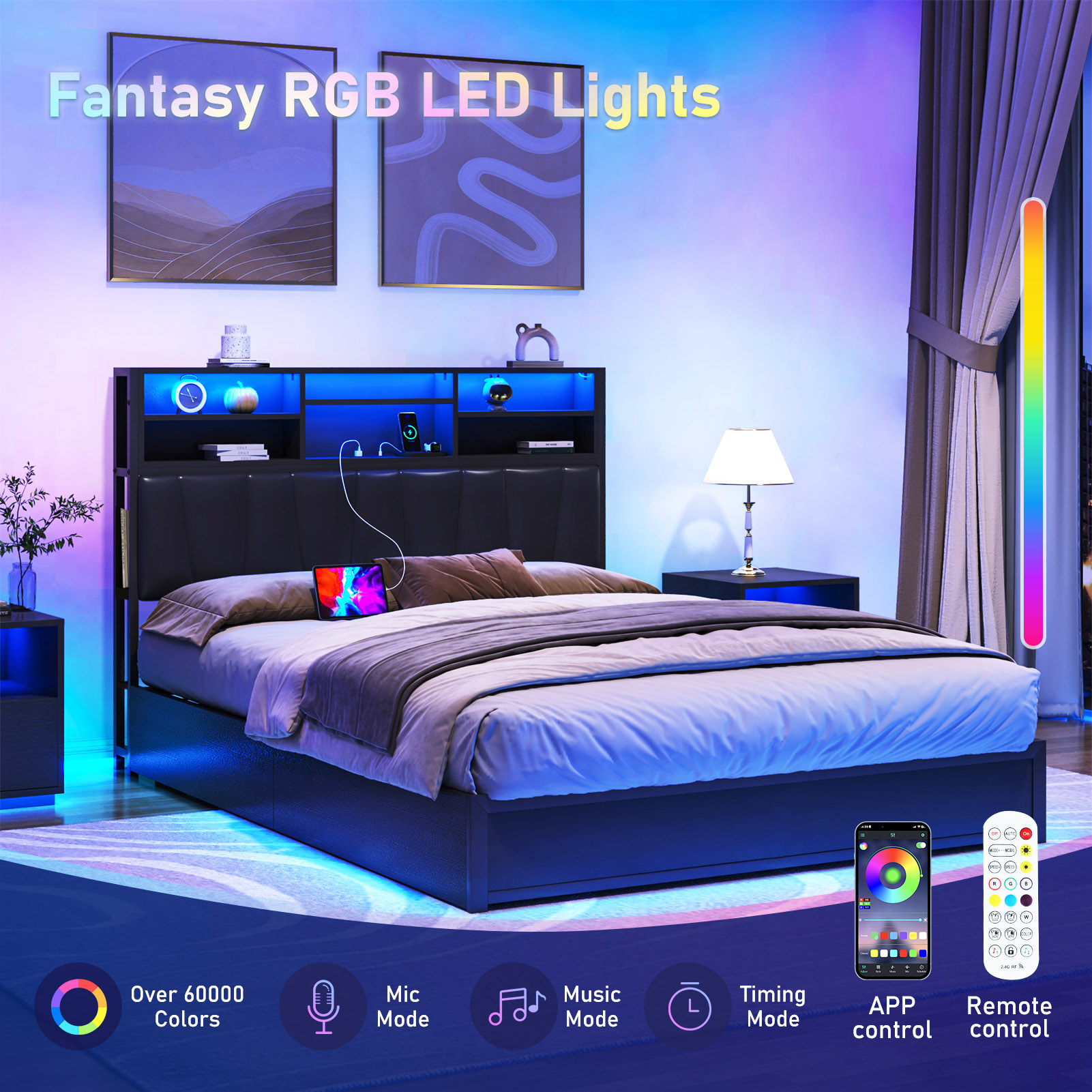 LED Bed Frame with High Storage Headboard & 4 Drawer & 6 Side Bookcase, Metal Upholstered Platform Bed with Power Outlets Leather Restback