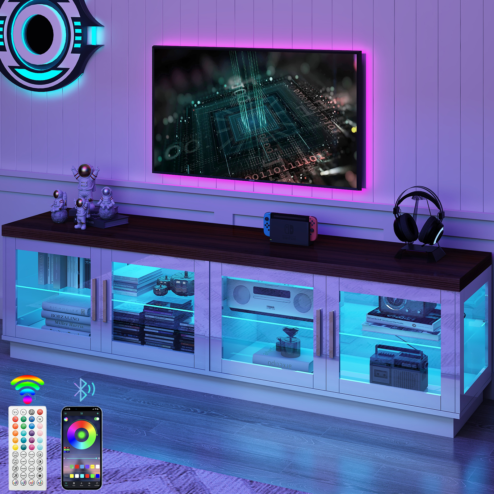 Blotout 70 inch TV Stand for TVs up to 80", RGB LED TV Stand, Tall Modern Entertainment Center, Wood TV Console with Storage Cabinet & Glass Doors & Glass Shelves, High Gloss TV Stand