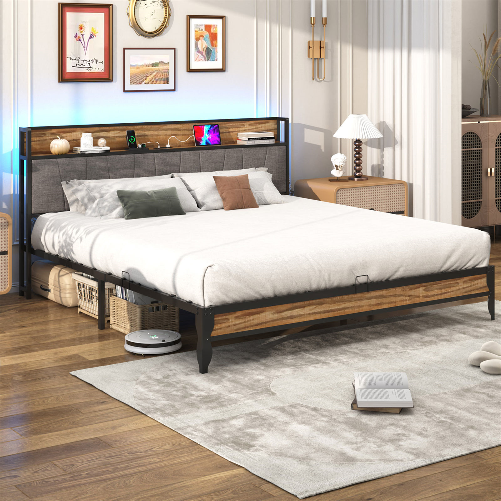 Hlivelood Bed Frame with LED Light Headboard & Charging Station, Metal Platform Bed with Storage Headboard