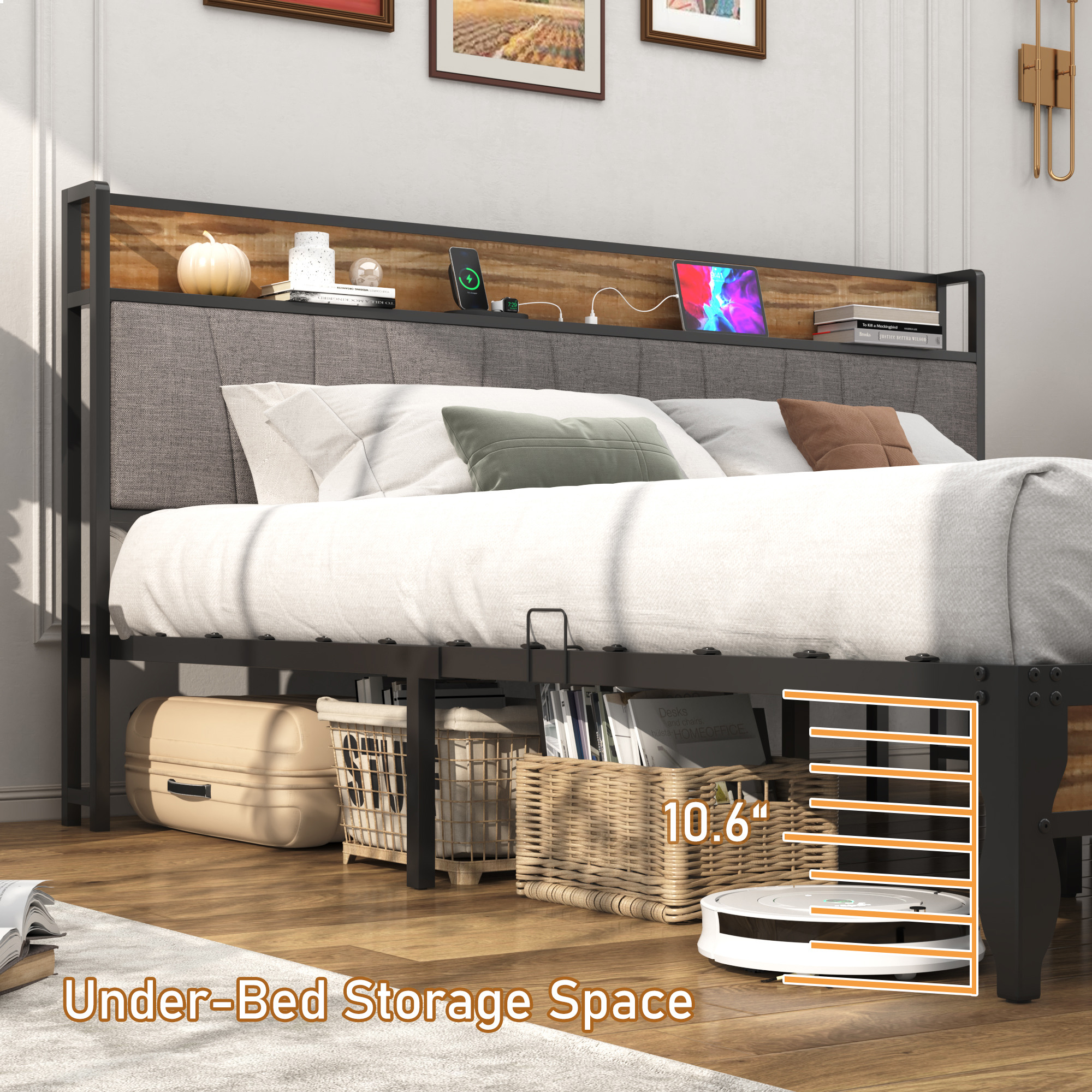 Hlivelood Bed Frame with LED Light Headboard & Charging Station, Metal Platform Bed with Storage Headboard