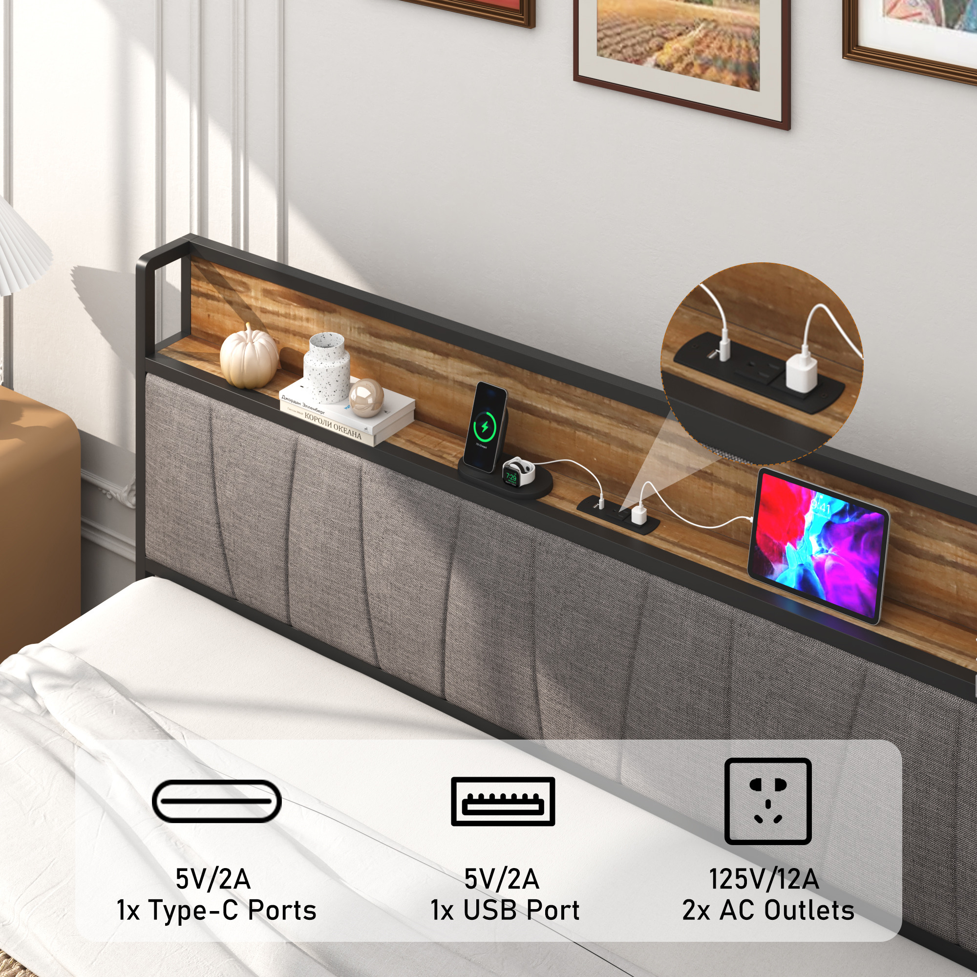 Hlivelood Bed Frame with LED Light Headboard & Charging Station, Metal Platform Bed with Storage Headboard
