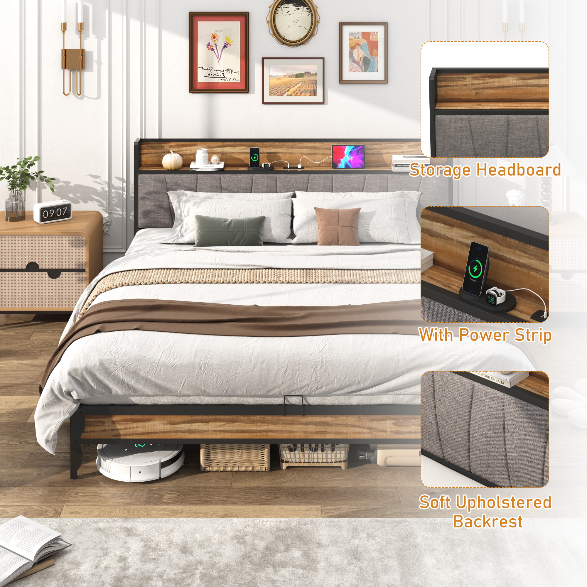 Hlivelood Bed Frame with LED Light Headboard & Charging Station, Metal Platform Bed with Storage Headboard