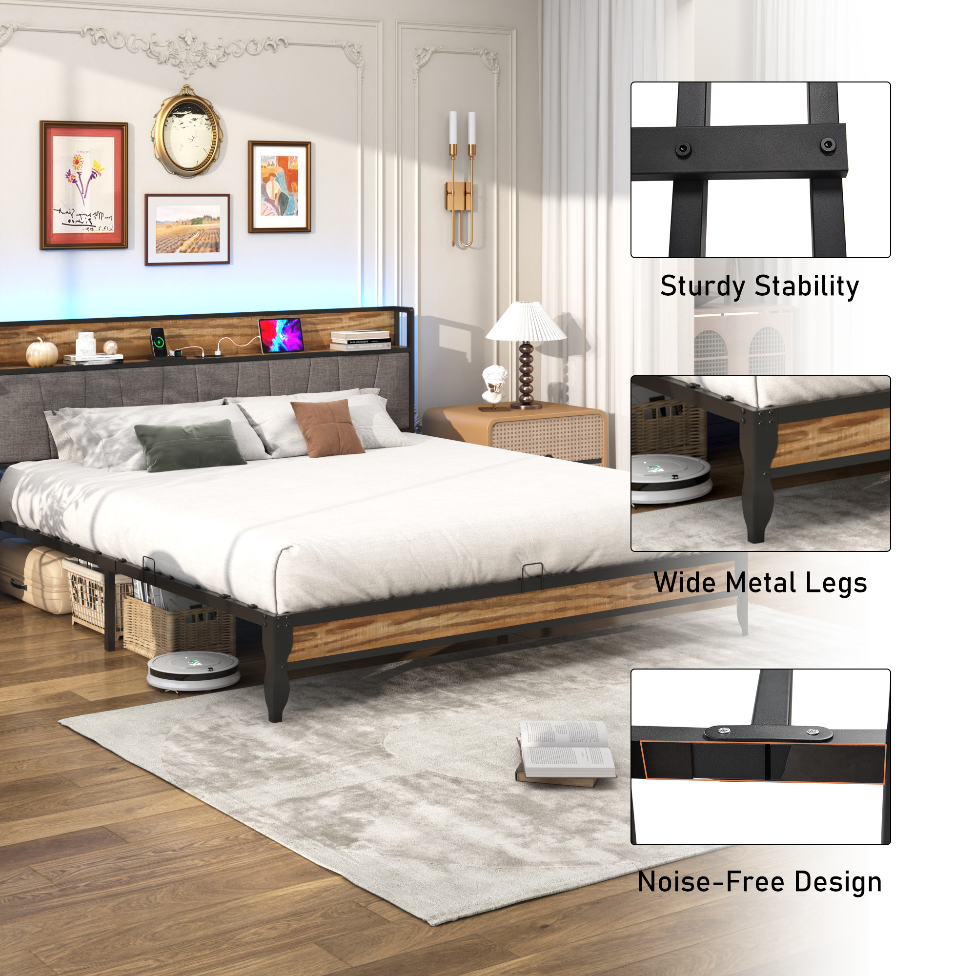 Hlivelood Bed Frame with LED Light Headboard & Charging Station, Metal Platform Bed with Storage Headboard