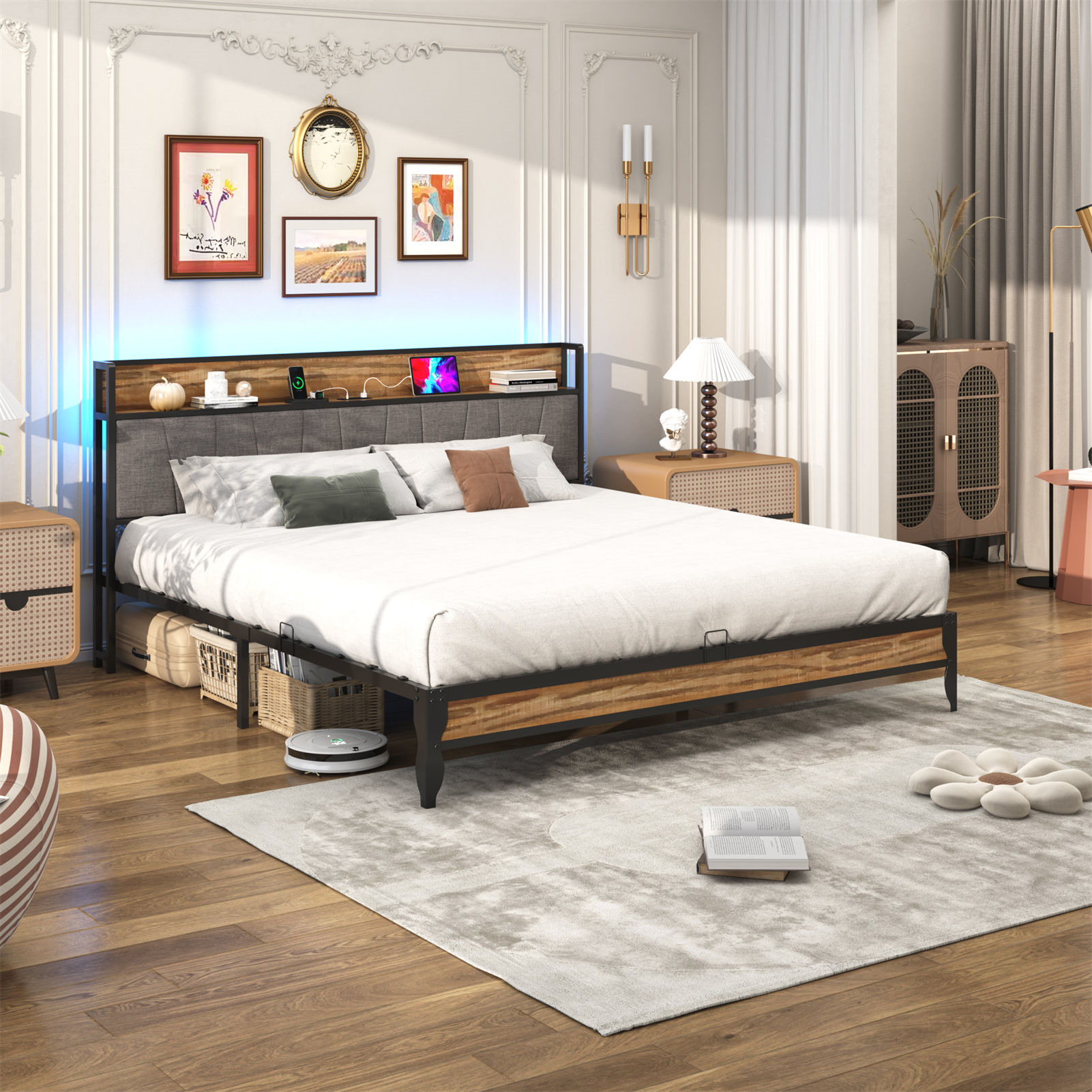 Hlivelood Bed Frame with LED Light Headboard & Charging Station, Metal Platform Bed with Storage Headboard