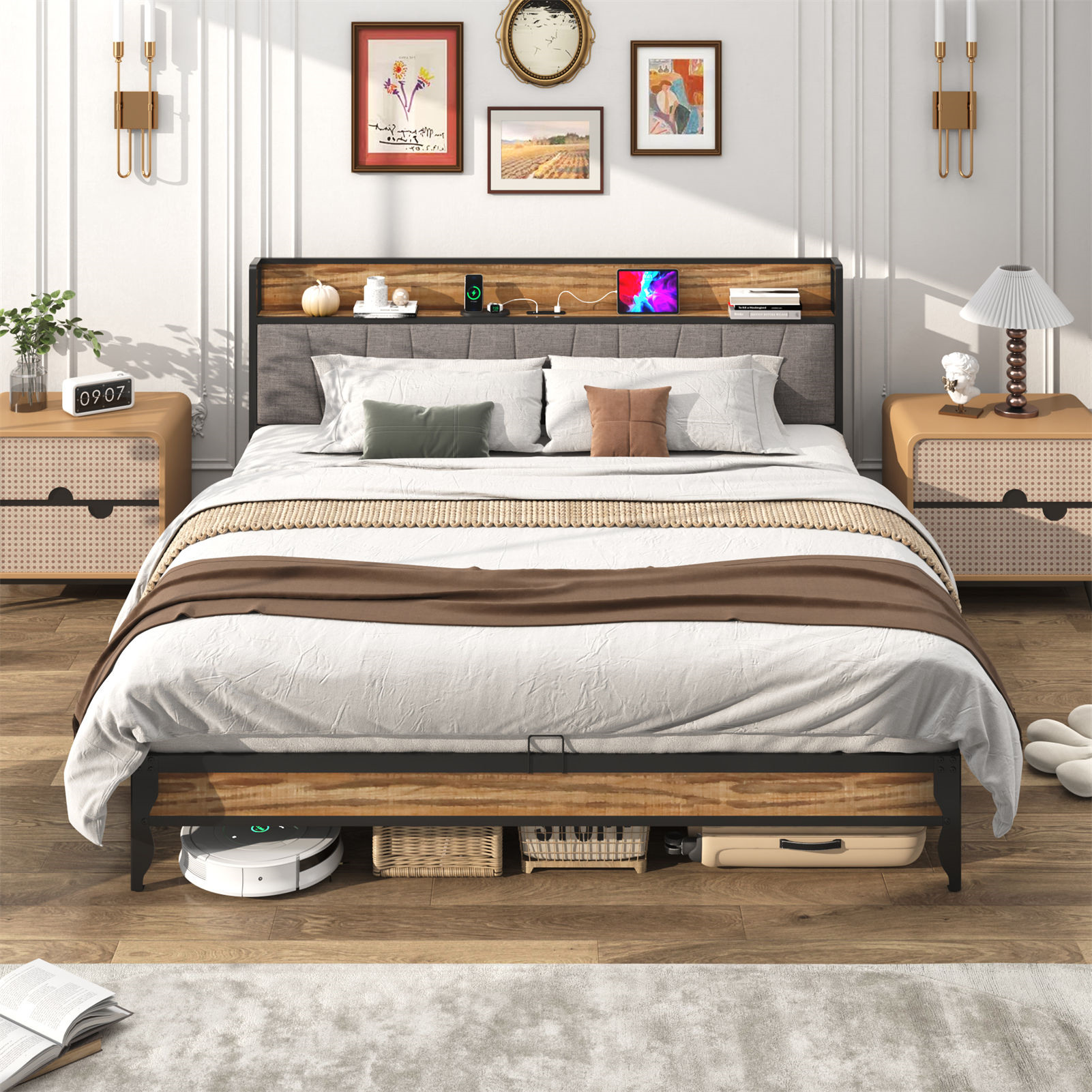 Hlivelood Bed Frame with LED Light Headboard & Charging Station, Metal Platform Bed with Storage Headboard