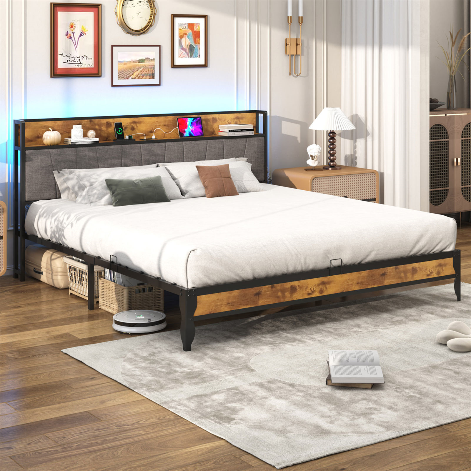 Hlivelood Bed Frame with LED Light Headboard & Charging Station, Metal Platform Bed with Storage Headboard