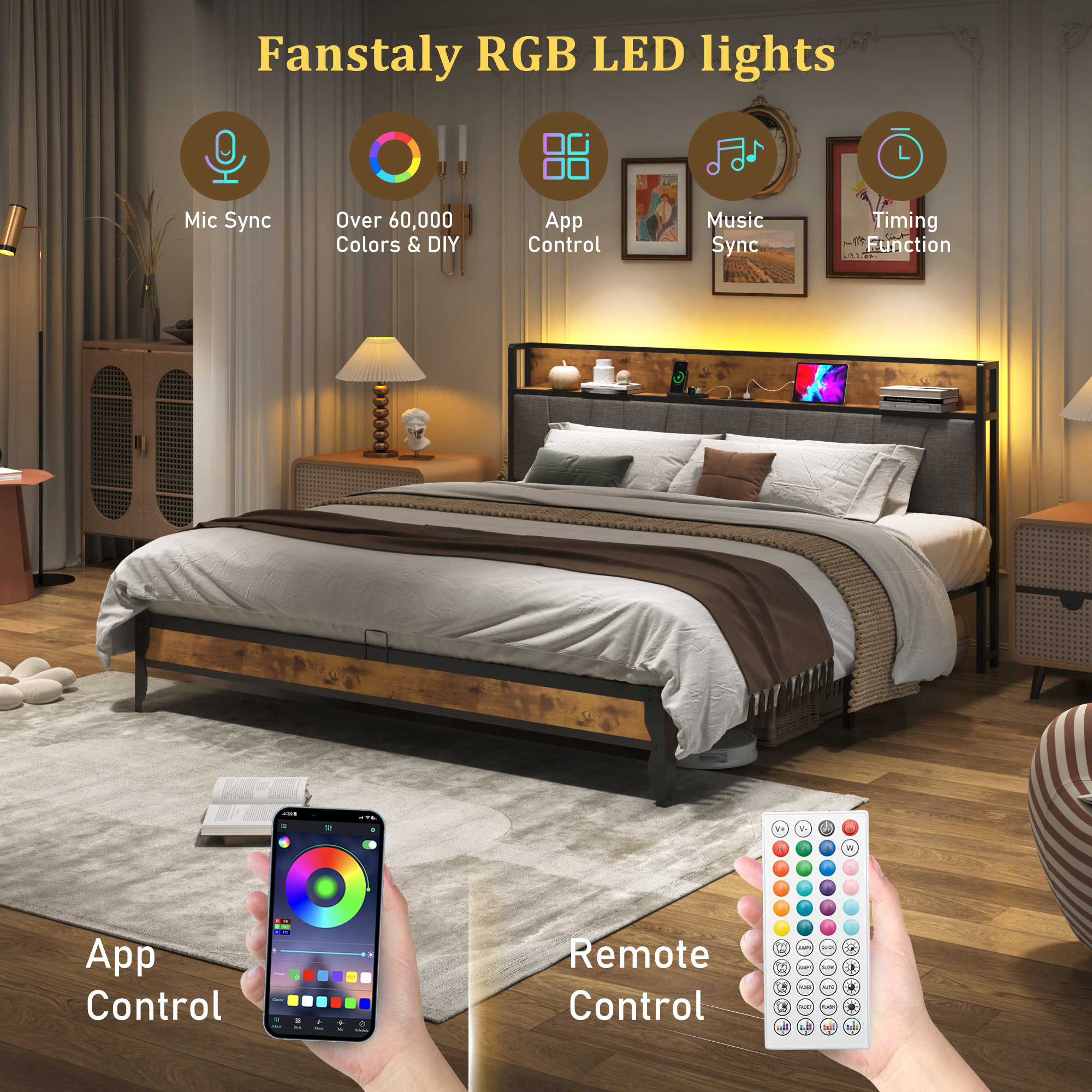 Hlivelood Bed Frame with LED Light Headboard & Charging Station, Metal Platform Bed with Storage Headboard